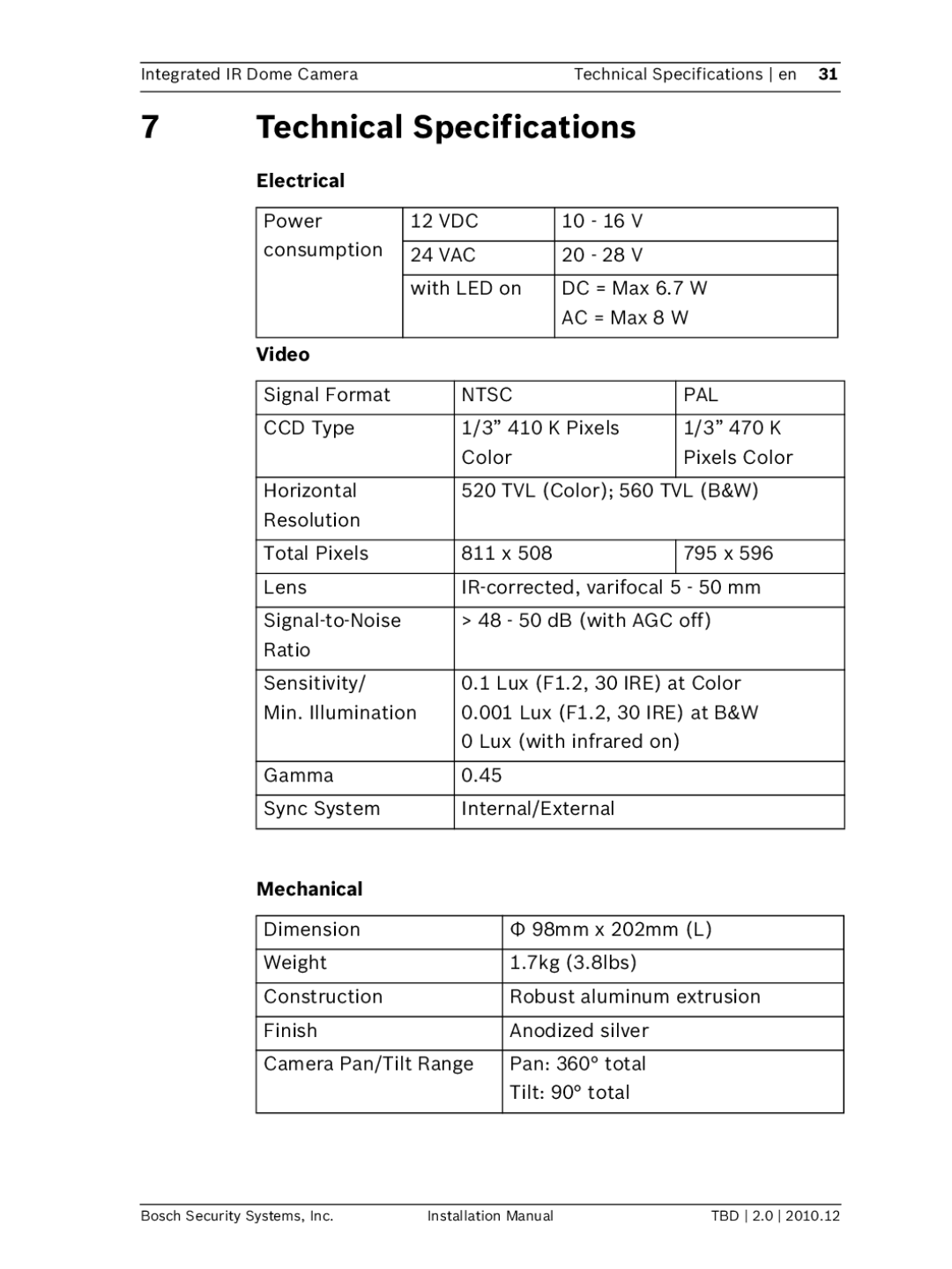 Bosch Appliances WZ45 installation manual Technical Specifications, Electrical, Video, Mechanical 