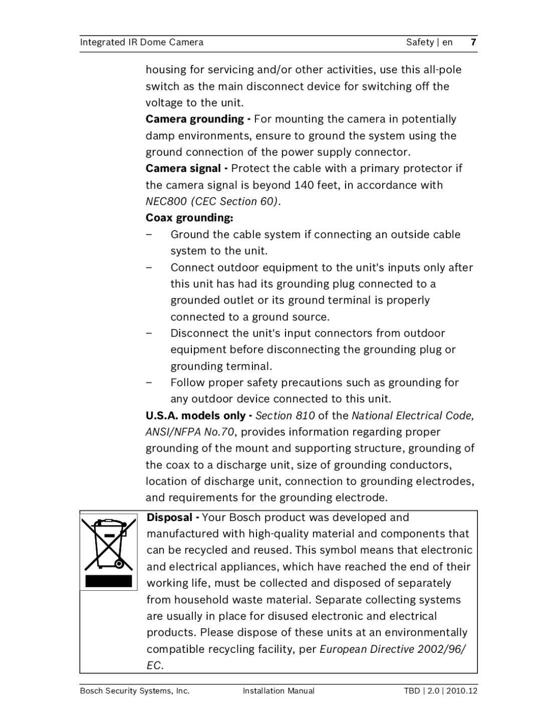 Bosch Appliances WZ45 installation manual Coax grounding 