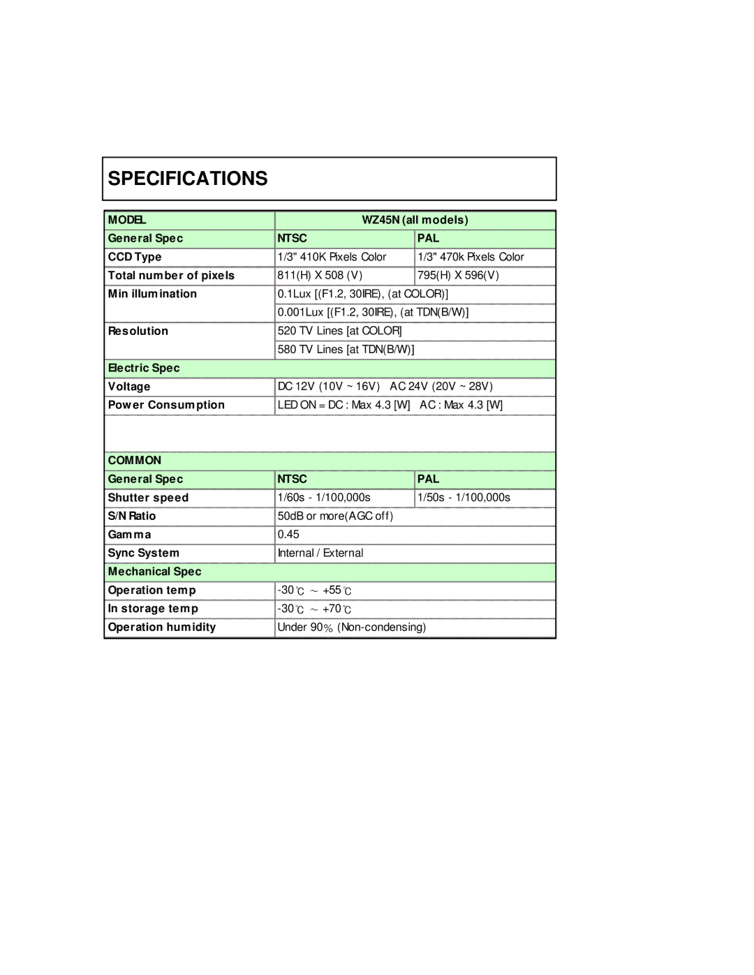 Bosch Appliances WZ45N instruction manual Specifications 