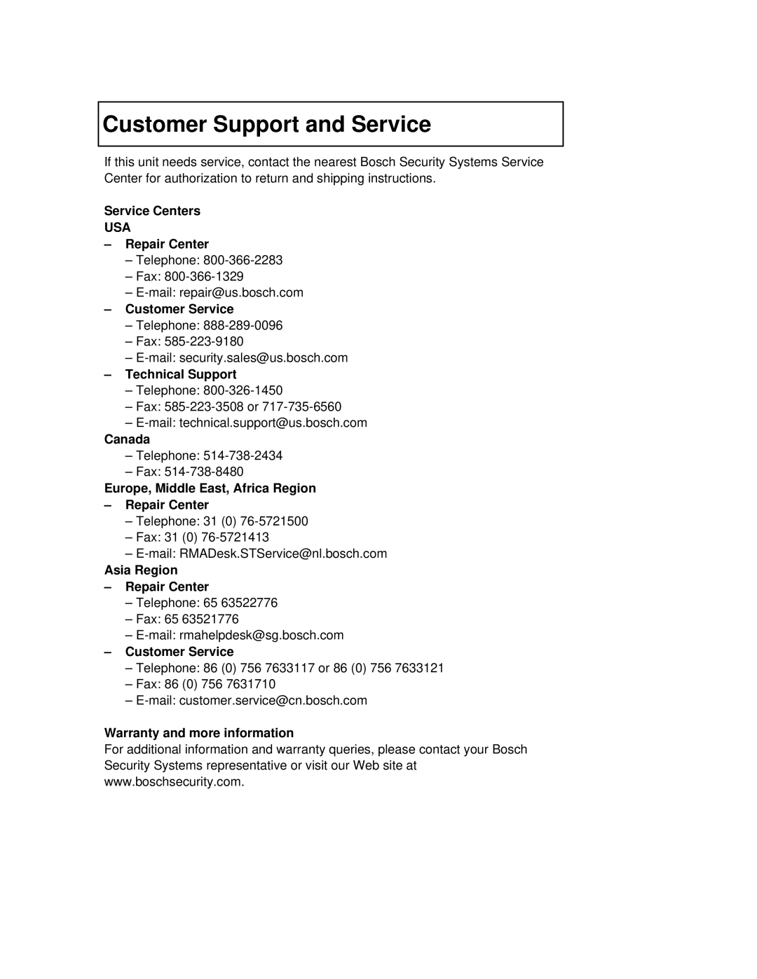 Bosch Appliances WZ45N instruction manual Customer Support and Service 