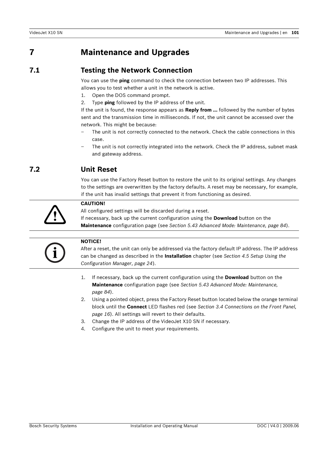 Bosch Appliances X10 SN manual Maintenance and Upgrades, Testing the Network Connection, 2Unit Reset 