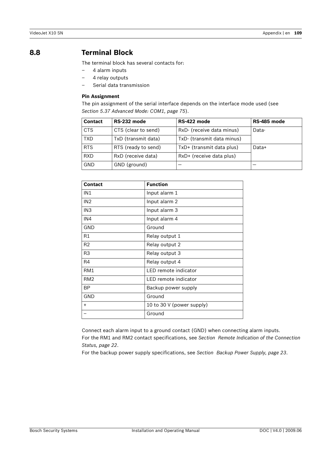 Bosch Appliances X10 SN Terminal Block, Pin Assignment, Contact RS-232 mode RS-422 mode RS-485 mode, Contact Function 