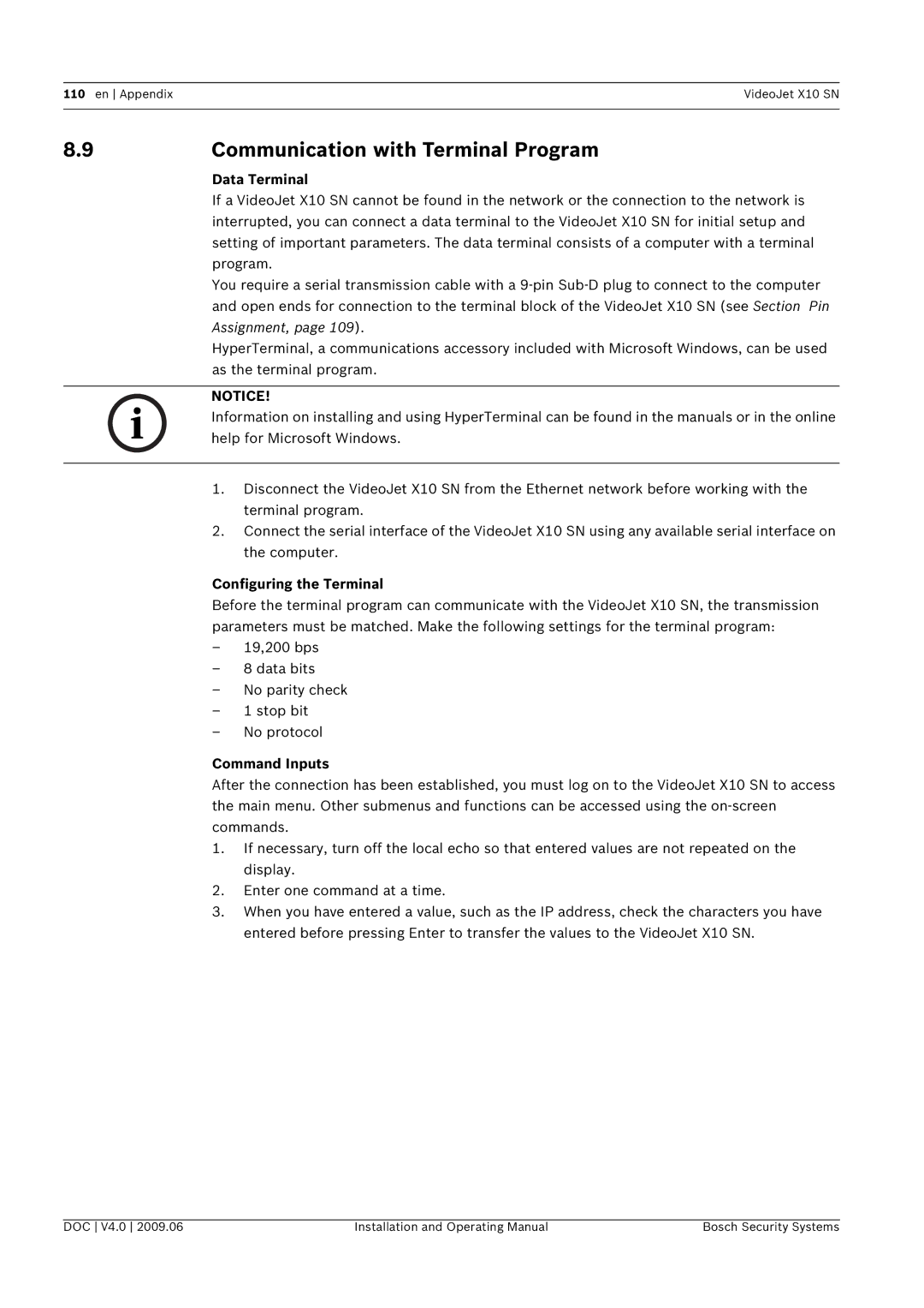 Bosch Appliances X10 SN manual Communication with Terminal Program, Data Terminal, Configuring the Terminal, Command Inputs 