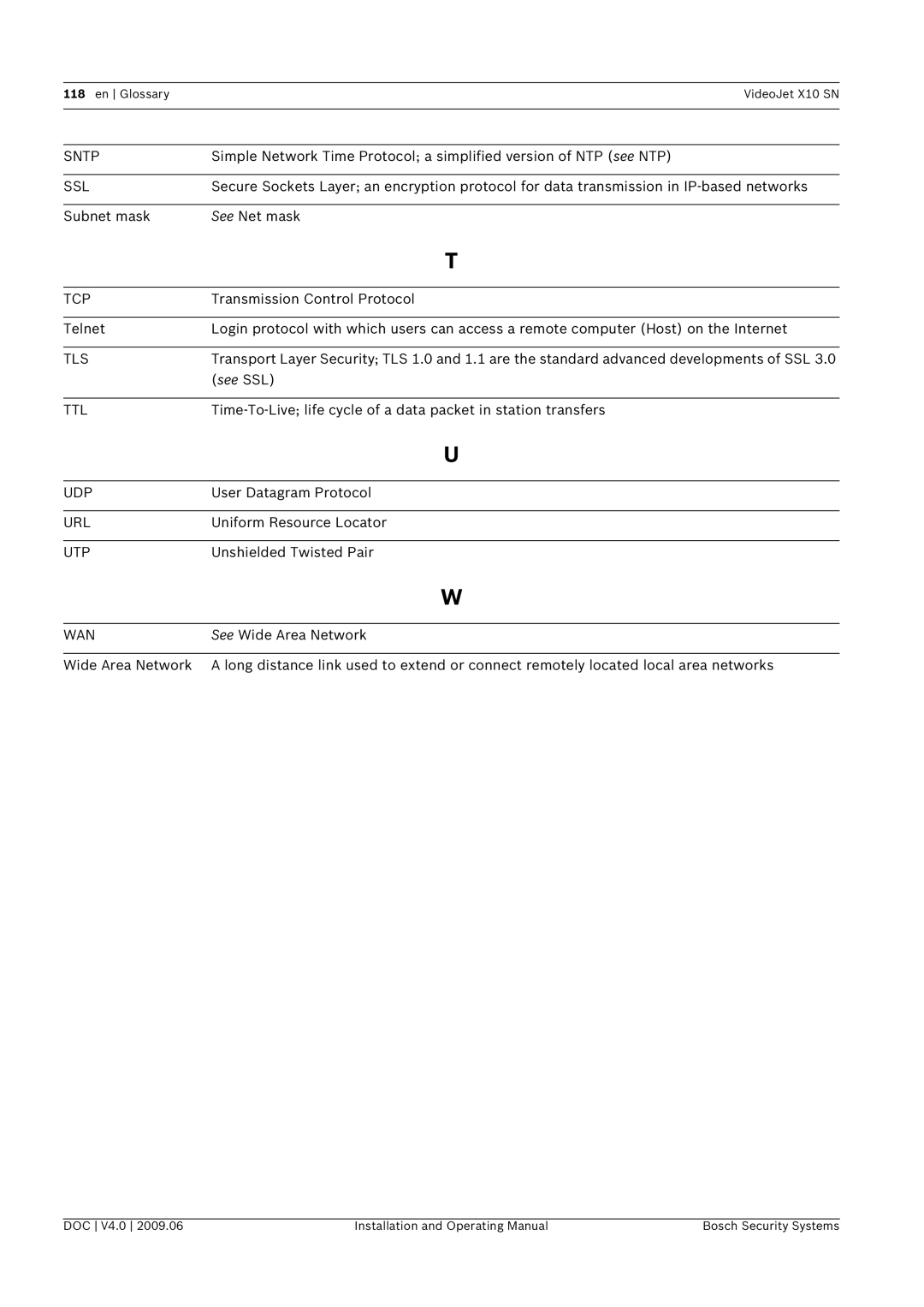 Bosch Appliances X10 SN manual Subnet mask See Net mask, Transmission Control Protocol, See SSL, User Datagram Protocol 