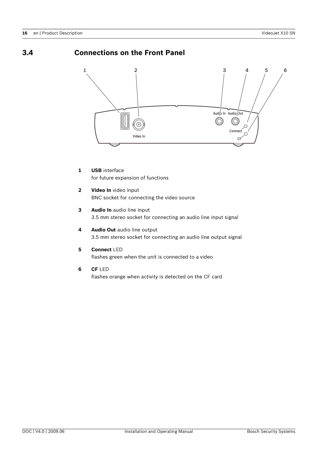 Bosch Appliances X10 SN Connections on the Front Panel, Connect LED, Flashes green when the unit is connected to a video 