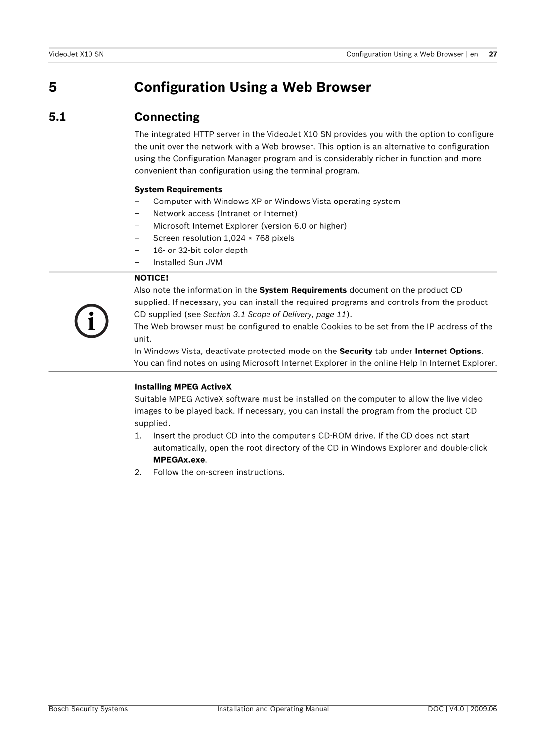 Bosch Appliances X10 SN manual Configuration Using a Web Browser, 1Connecting, System Requirements, Installing Mpeg ActiveX 