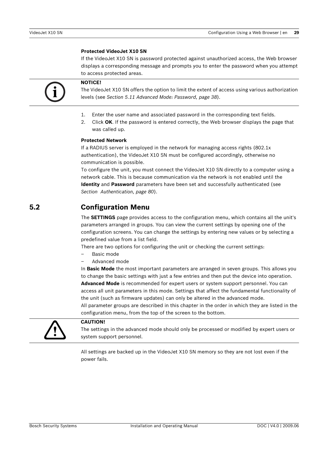 Bosch Appliances manual Configuration Menu, Protected VideoJet X10 SN, Protected Network 