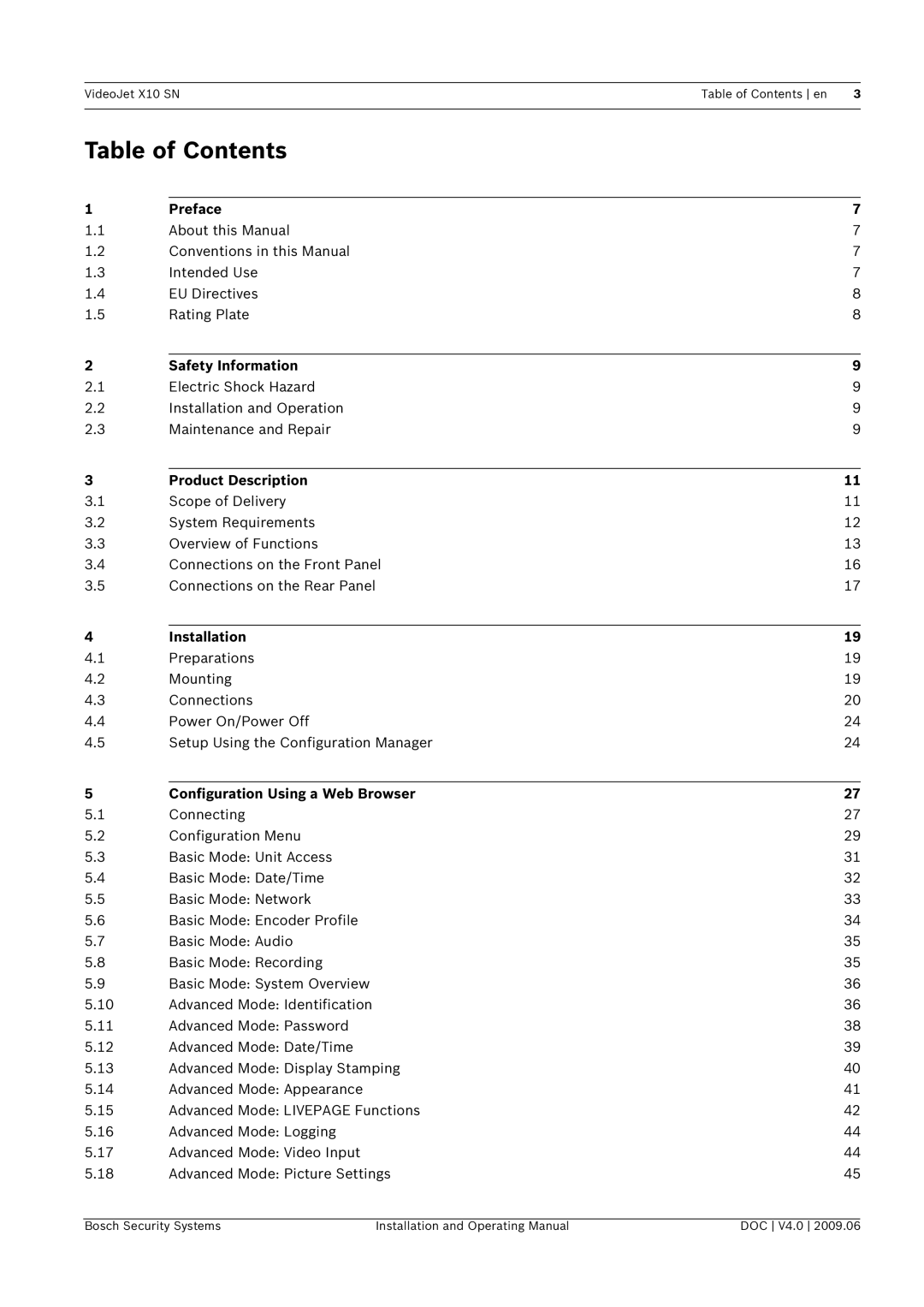 Bosch Appliances X10 SN manual Table of Contents 