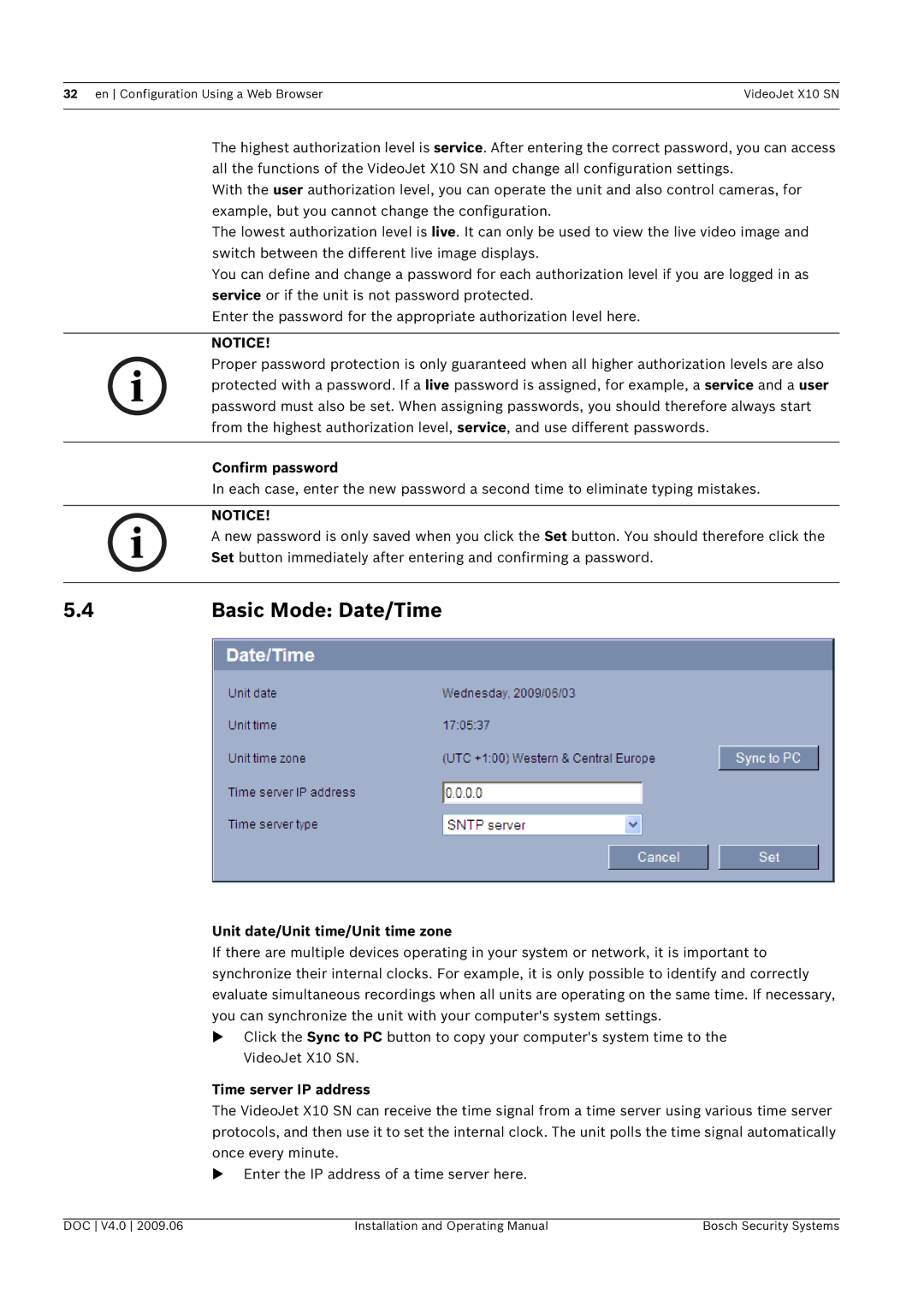 Bosch Appliances X10 SN Basic Mode Date/Time, Confirm password, Unit date/Unit time/Unit time zone, Time server IP address 