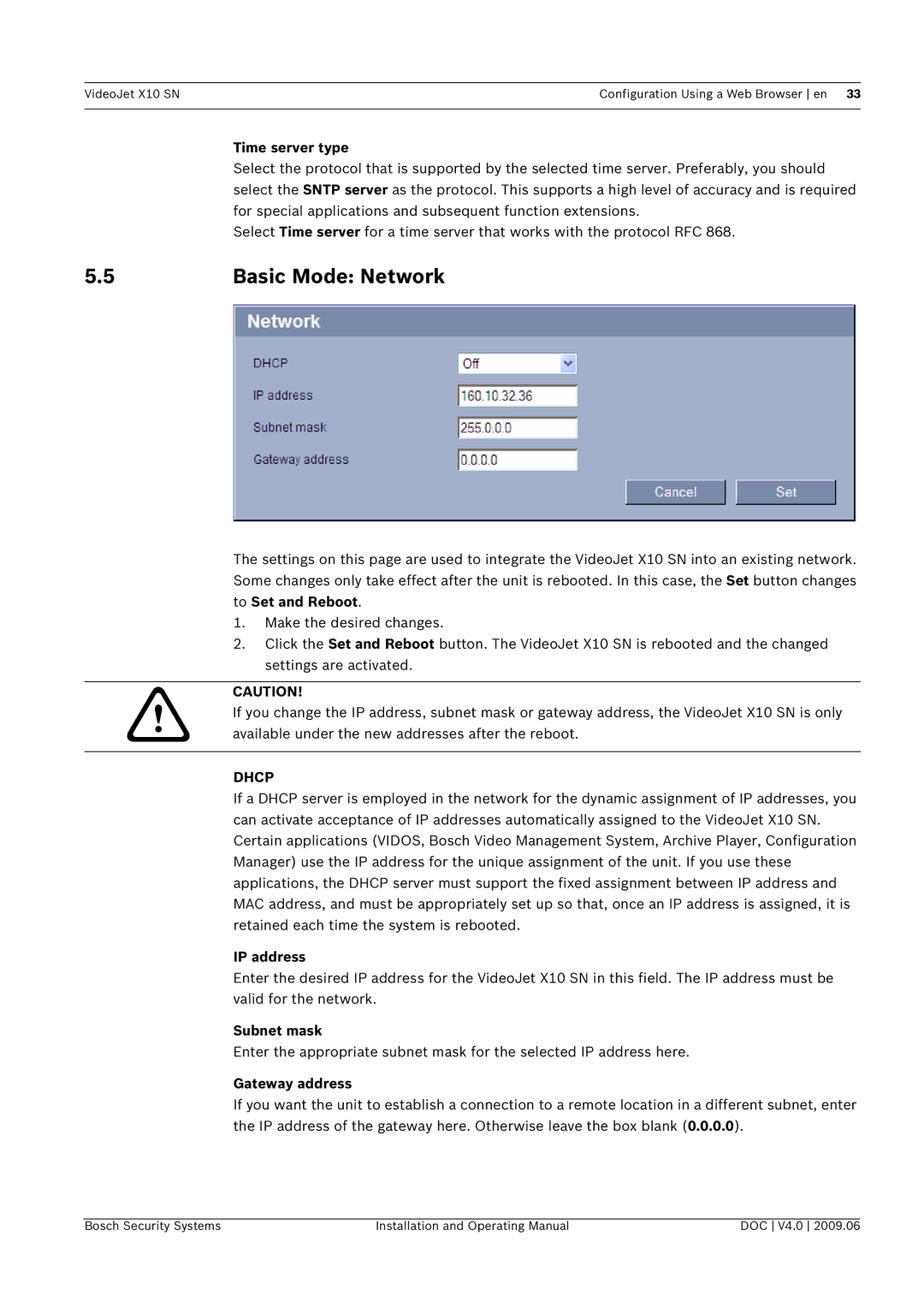 Bosch Appliances X10 SN manual Basic Mode Network, Time server type, IP address, Subnet mask, Gateway address 