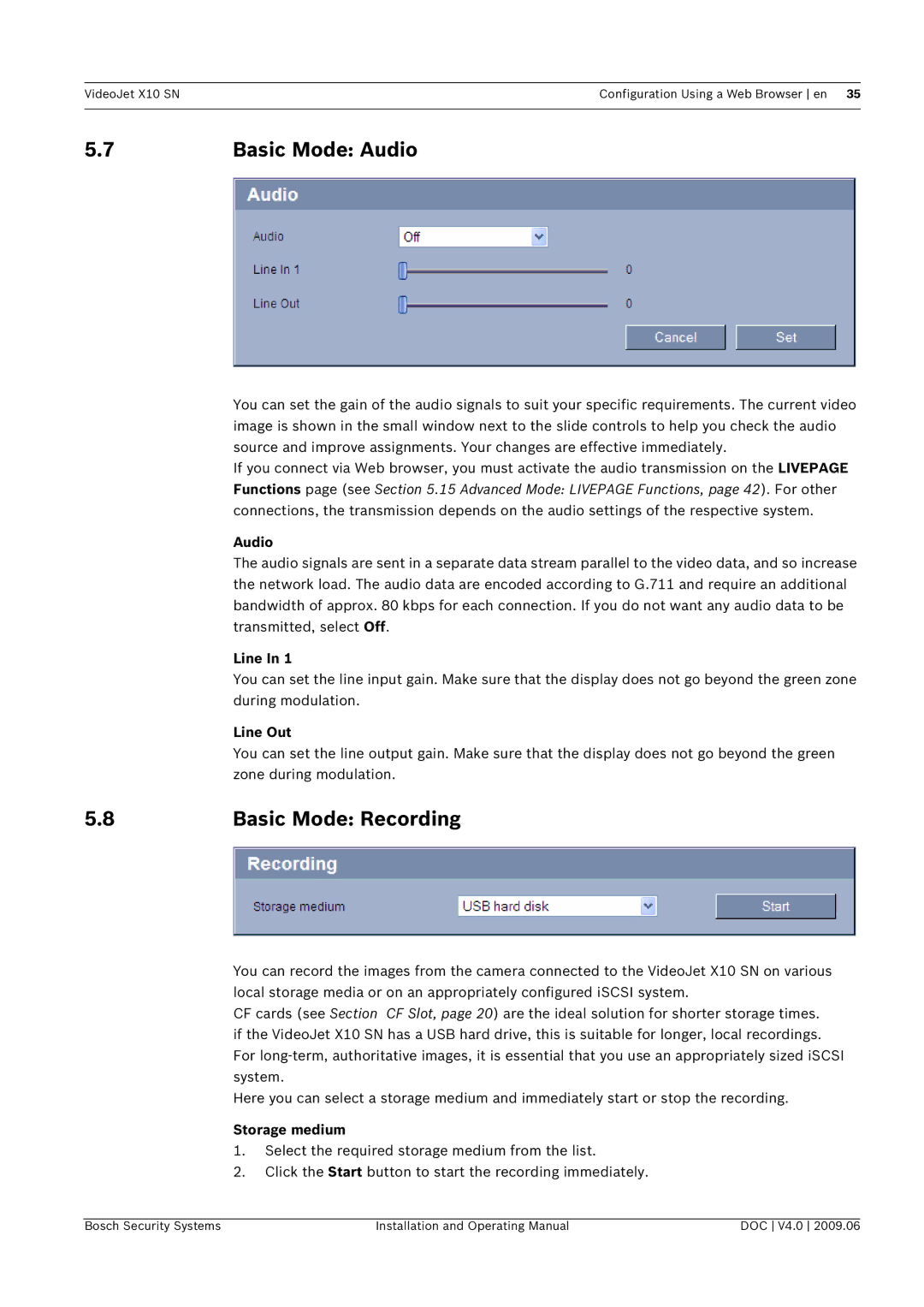 Bosch Appliances X10 SN manual Basic Mode Audio, Basic Mode Recording 