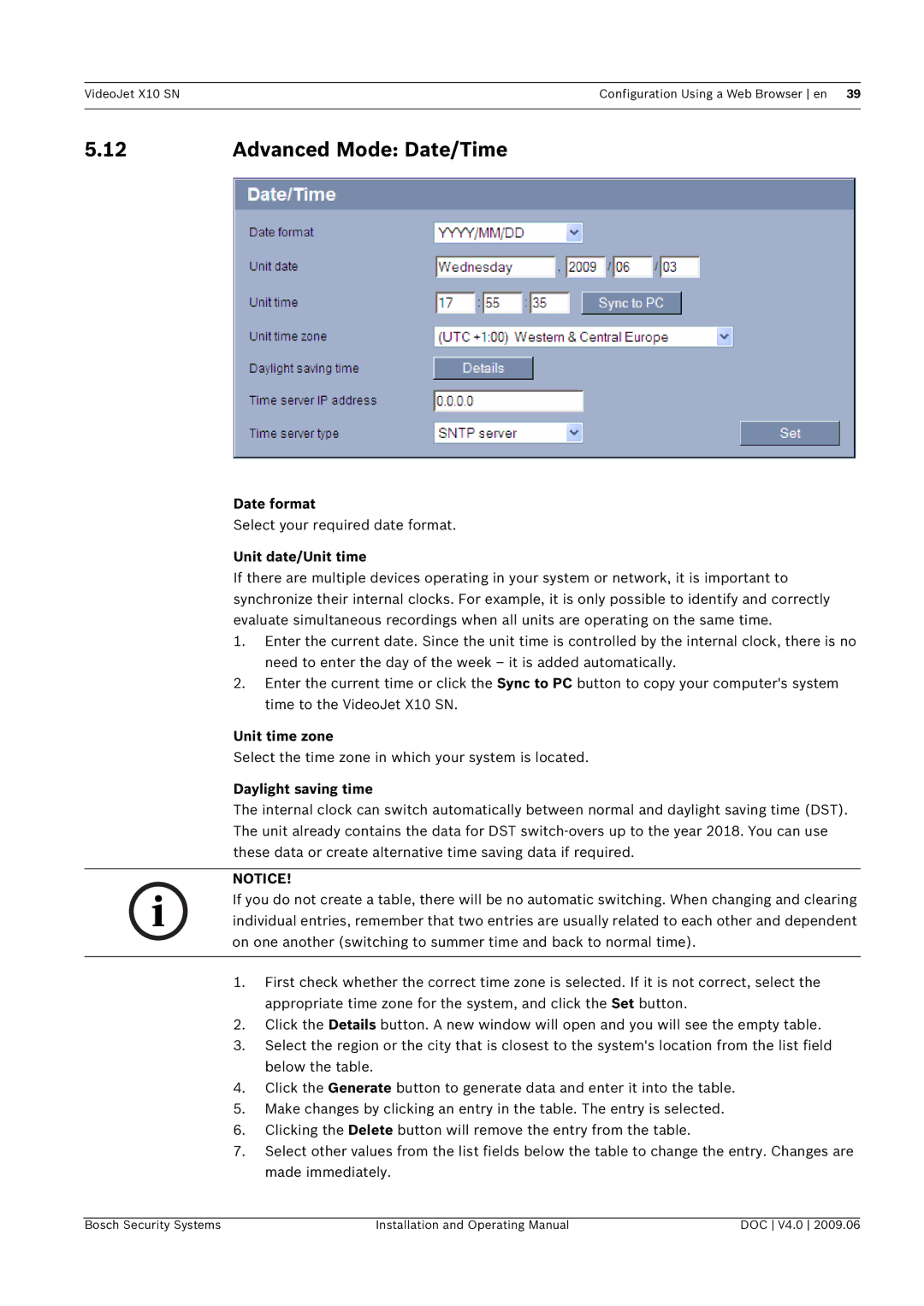 Bosch Appliances X10 SN Advanced Mode Date/Time, Date format, Unit date/Unit time, Unit time zone, Daylight saving time 