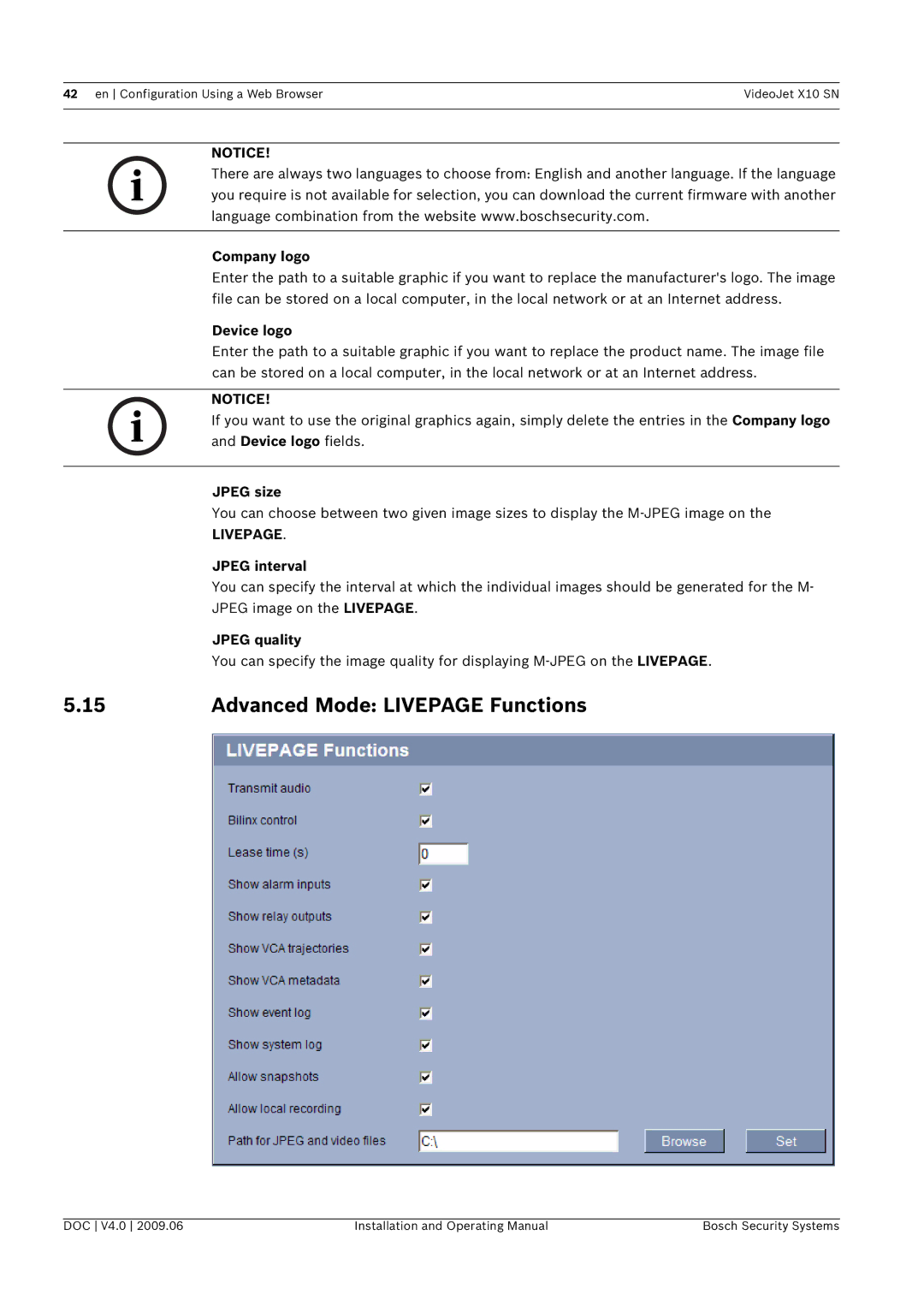 Bosch Appliances X10 SN manual Advanced Mode Livepage Functions 