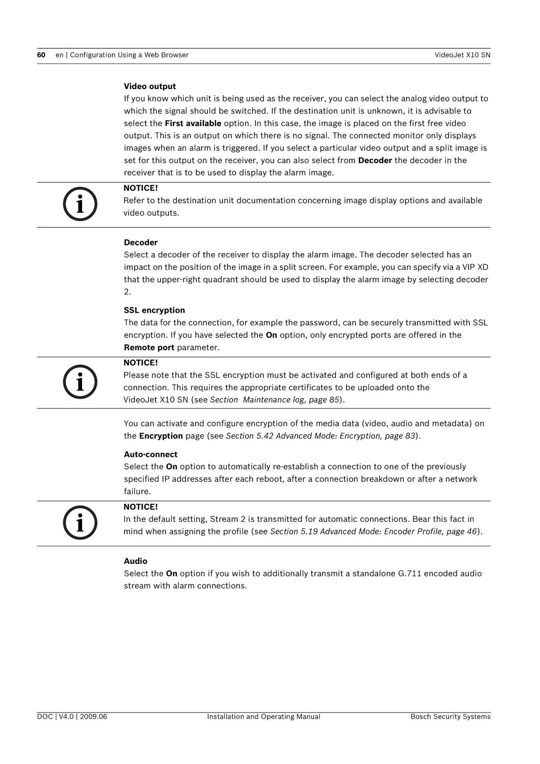 Bosch Appliances X10 SN manual Video output, Decoder, SSL encryption, Auto-connect 