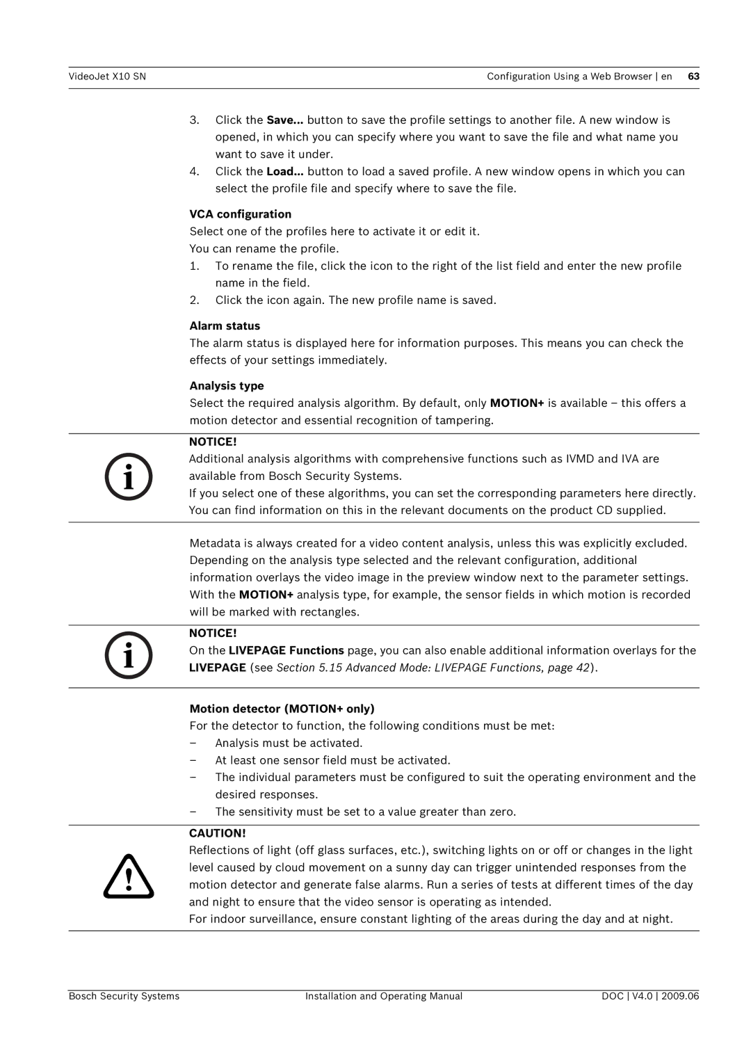 Bosch Appliances X10 SN manual VCA configuration, Alarm status, Analysis type, Motion detector MOTION+ only 