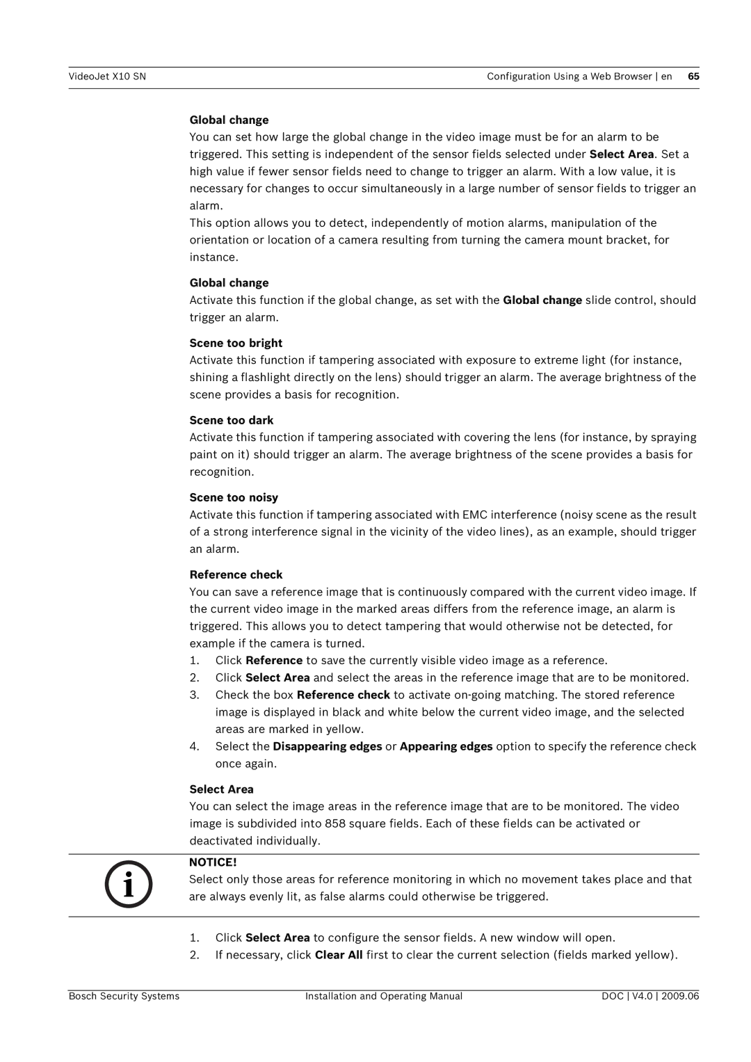 Bosch Appliances X10 SN Global change, Scene too bright, Scene too dark, Scene too noisy, Reference check, Select Area 