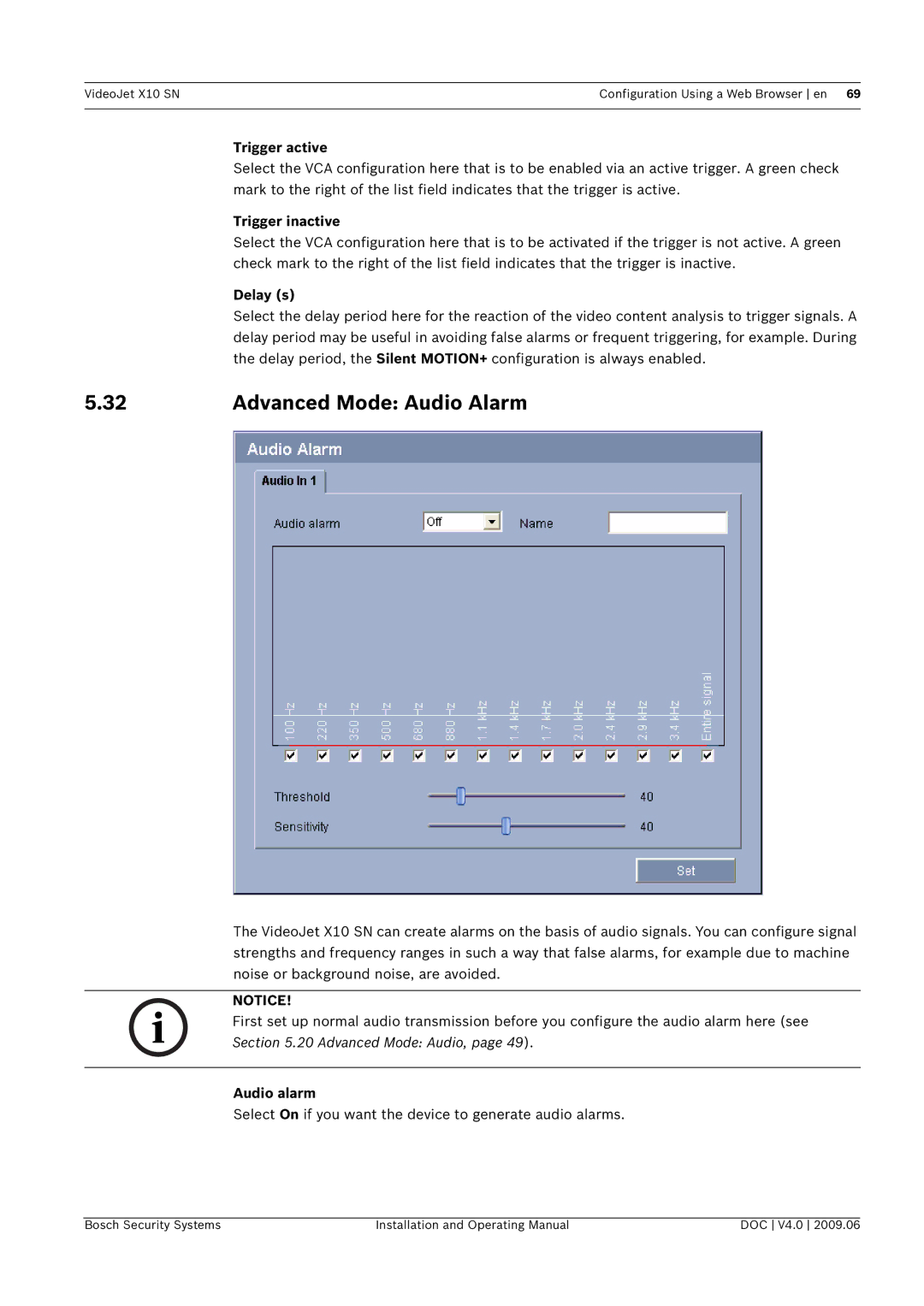 Bosch Appliances X10 SN manual Advanced Mode Audio Alarm, Trigger active, Trigger inactive, Delay s, Audio alarm 