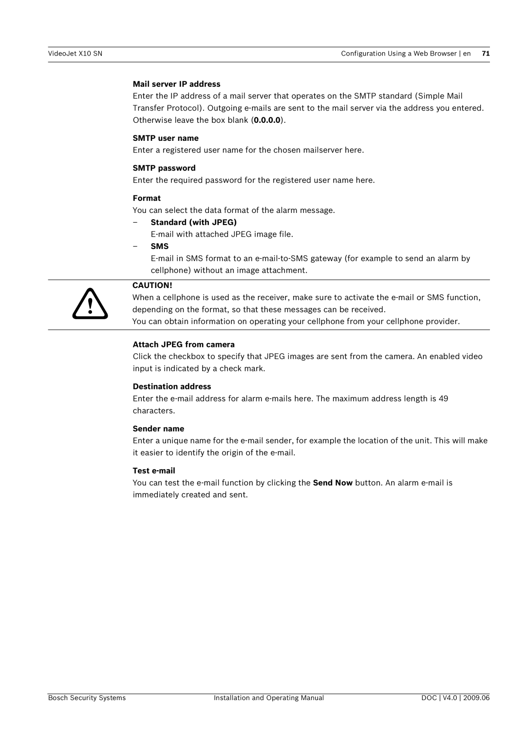 Bosch Appliances X10 SN Mail server IP address, Smtp user name, Smtp password, Format, Standard with Jpeg, Sender name 