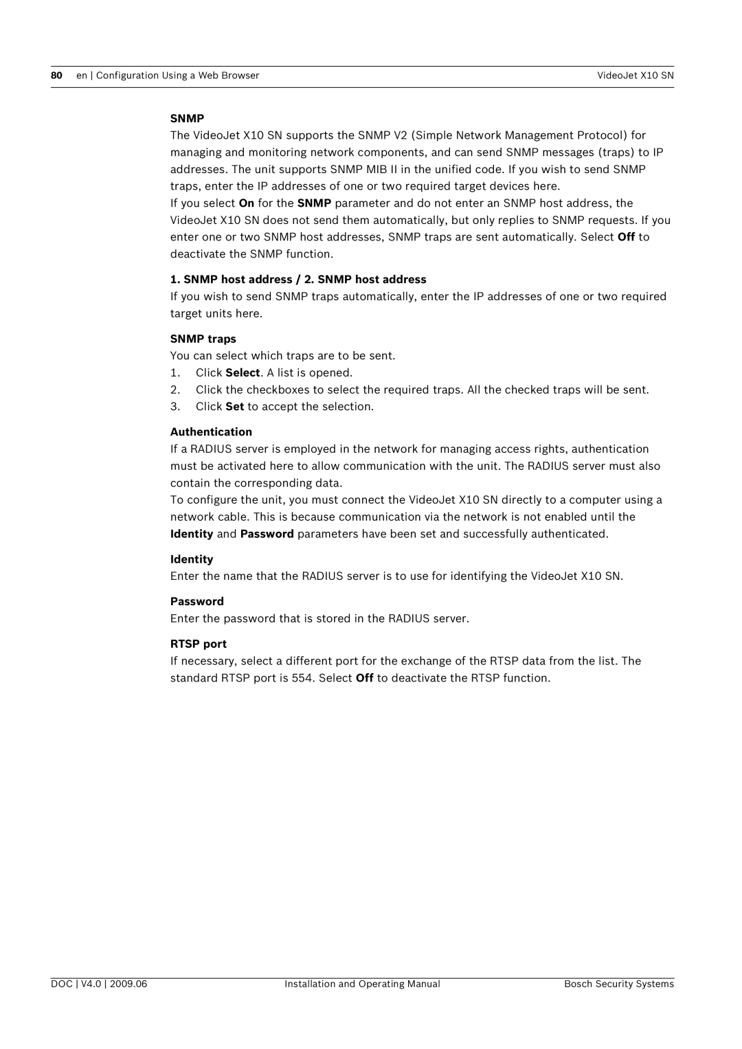 Bosch Appliances X10 SN manual Snmp host address / 2. Snmp host address, Snmp traps, Authentication, Identity, Rtsp port 