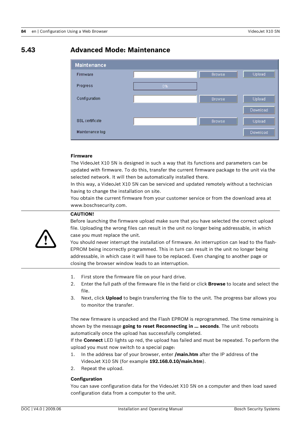 Bosch Appliances X10 SN manual Advanced Mode Maintenance, Firmware, Configuration 