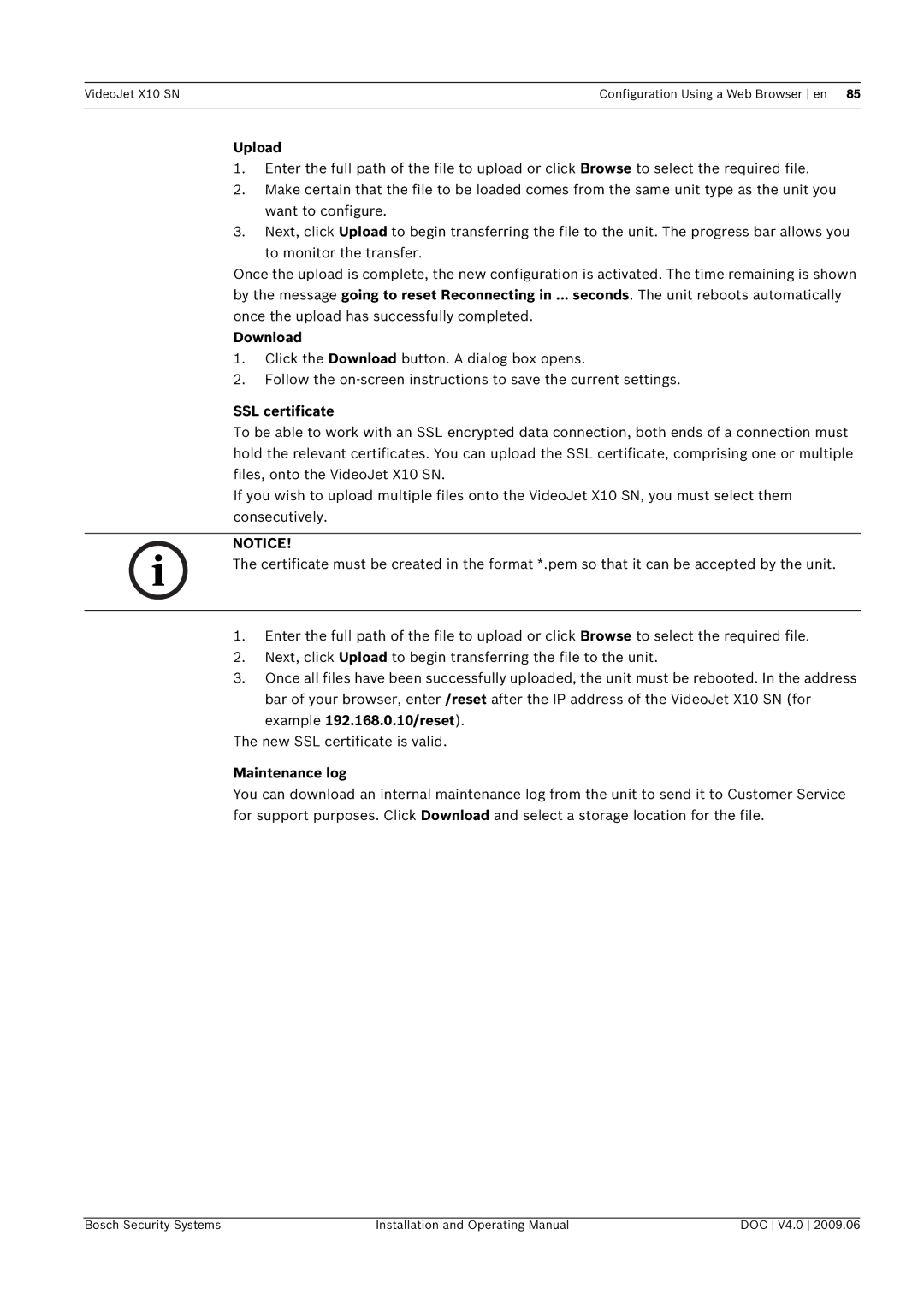 Bosch Appliances X10 SN manual Upload, Download, SSL certificate, Maintenance log 