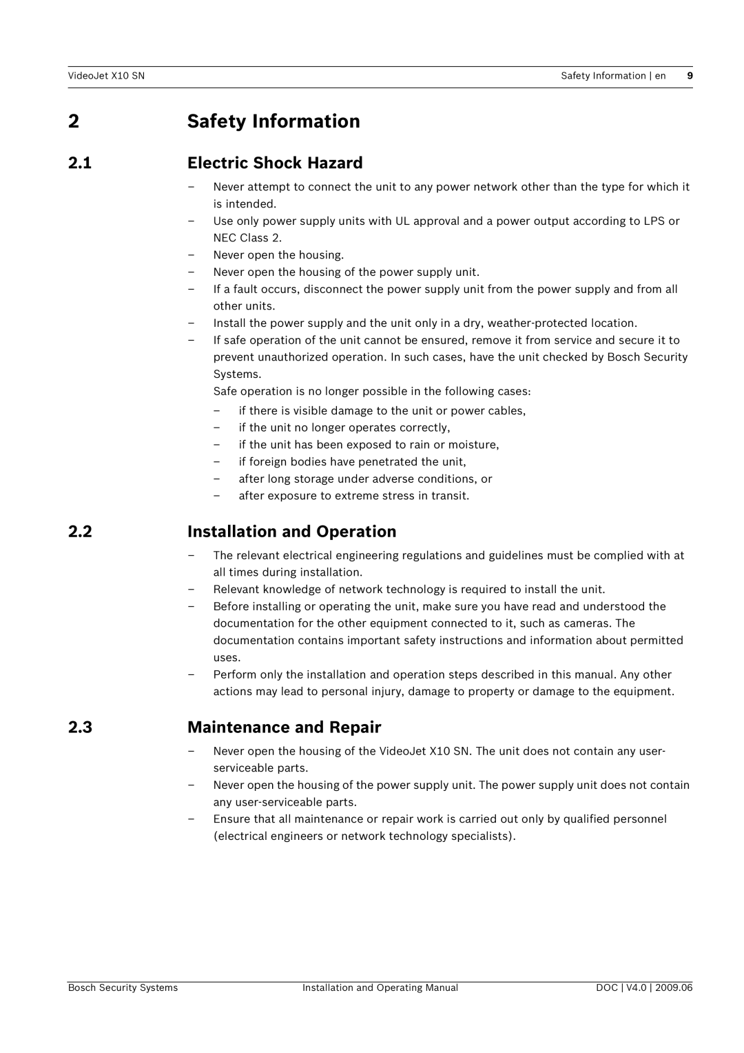 Bosch Appliances X10 SN Safety Information, Electric Shock Hazard, Installation and Operation, Maintenance and Repair 