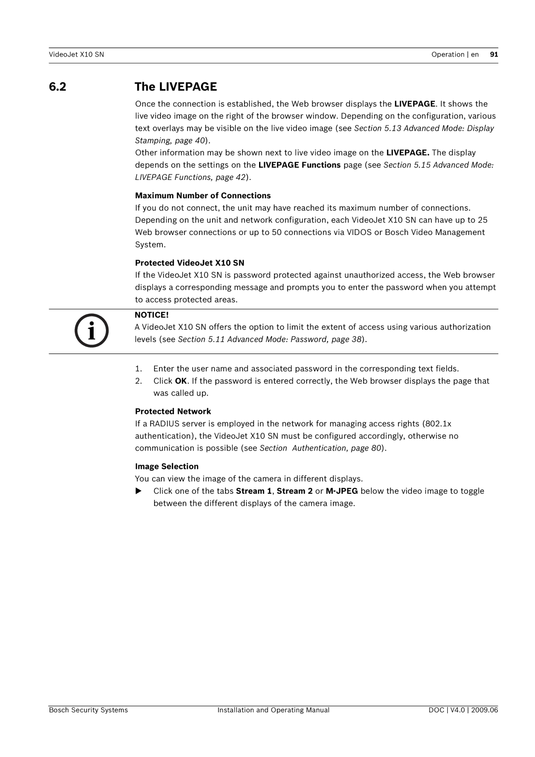 Bosch Appliances X10 SN manual Livepage, System, To access protected areas, Image Selection 