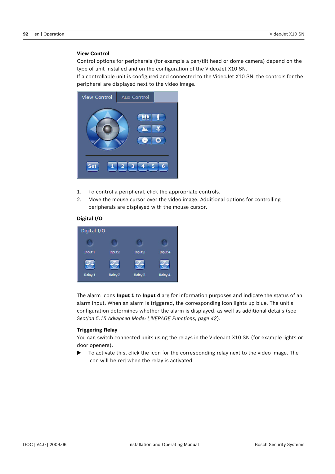 Bosch Appliances X10 SN manual View Control, Digital I/O, Triggering Relay 