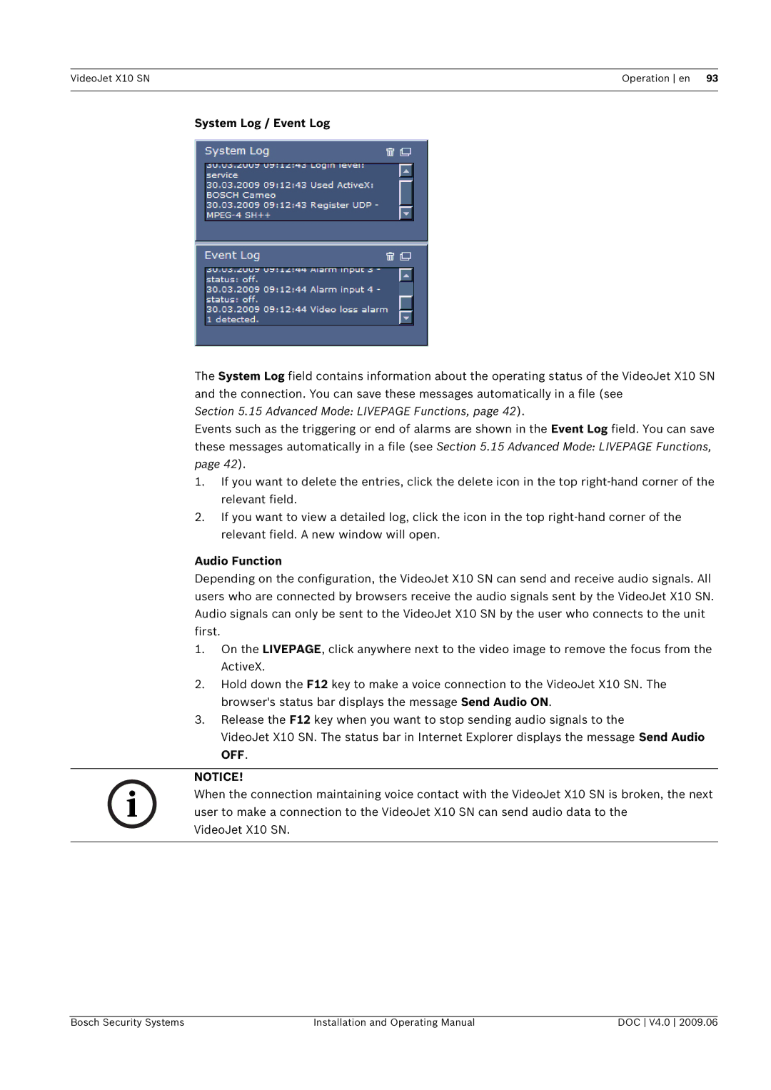 Bosch Appliances X10 SN manual System Log / Event Log, Audio Function 