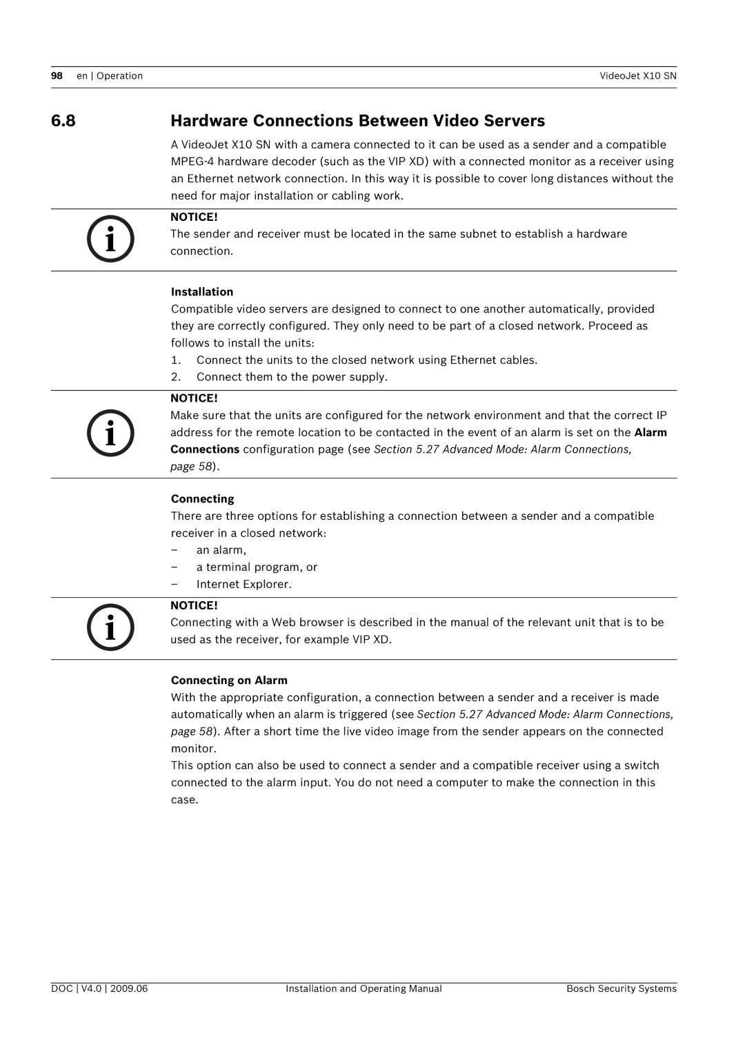 Bosch Appliances X10 SN manual Hardware Connections Between Video Servers, Connecting on Alarm 