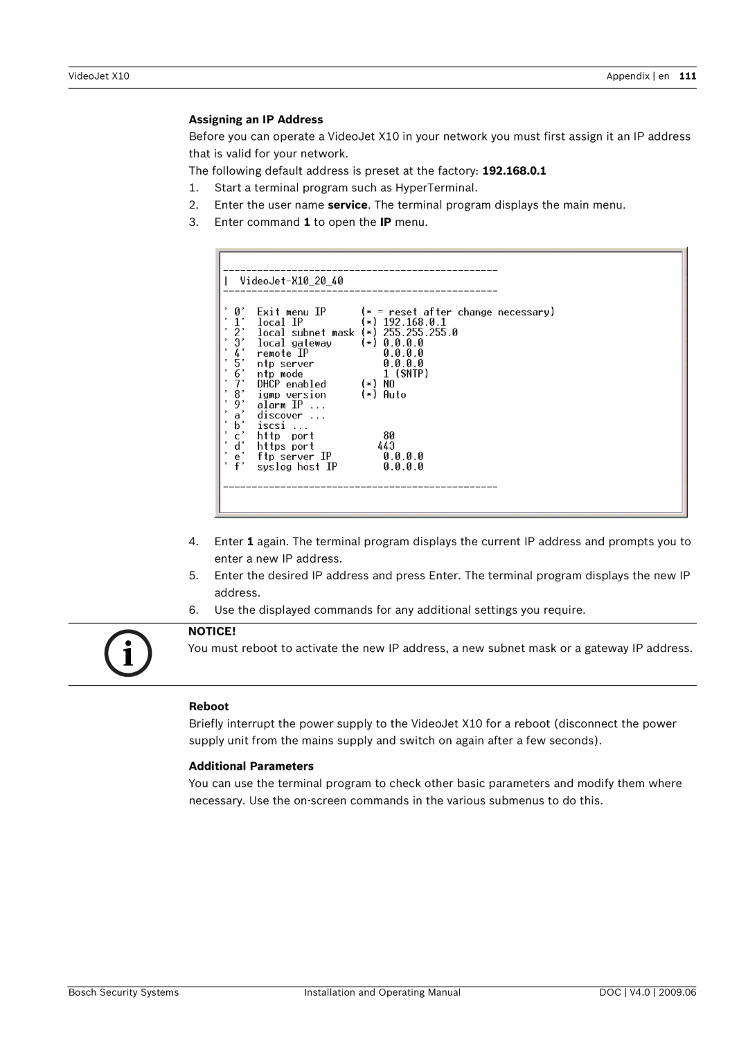 Bosch Appliances X10 manual Assigning an IP Address, Reboot 