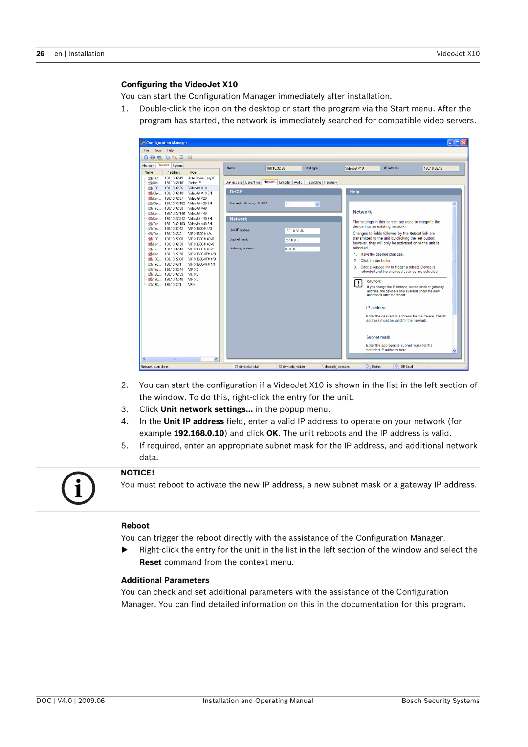 Bosch Appliances X10 manual Configuring the VideoJet, Click Unit network settings... in the popup menu, Reboot 