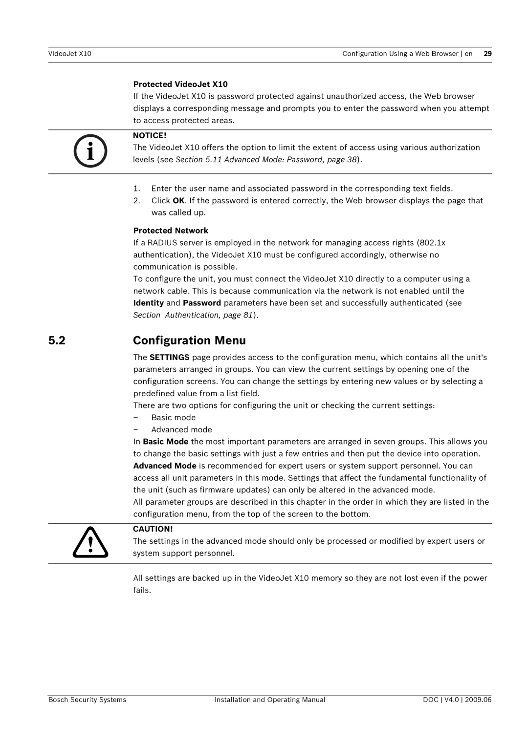 Bosch Appliances X10 manual Configuration Menu, Protected VideoJet, Protected Network 