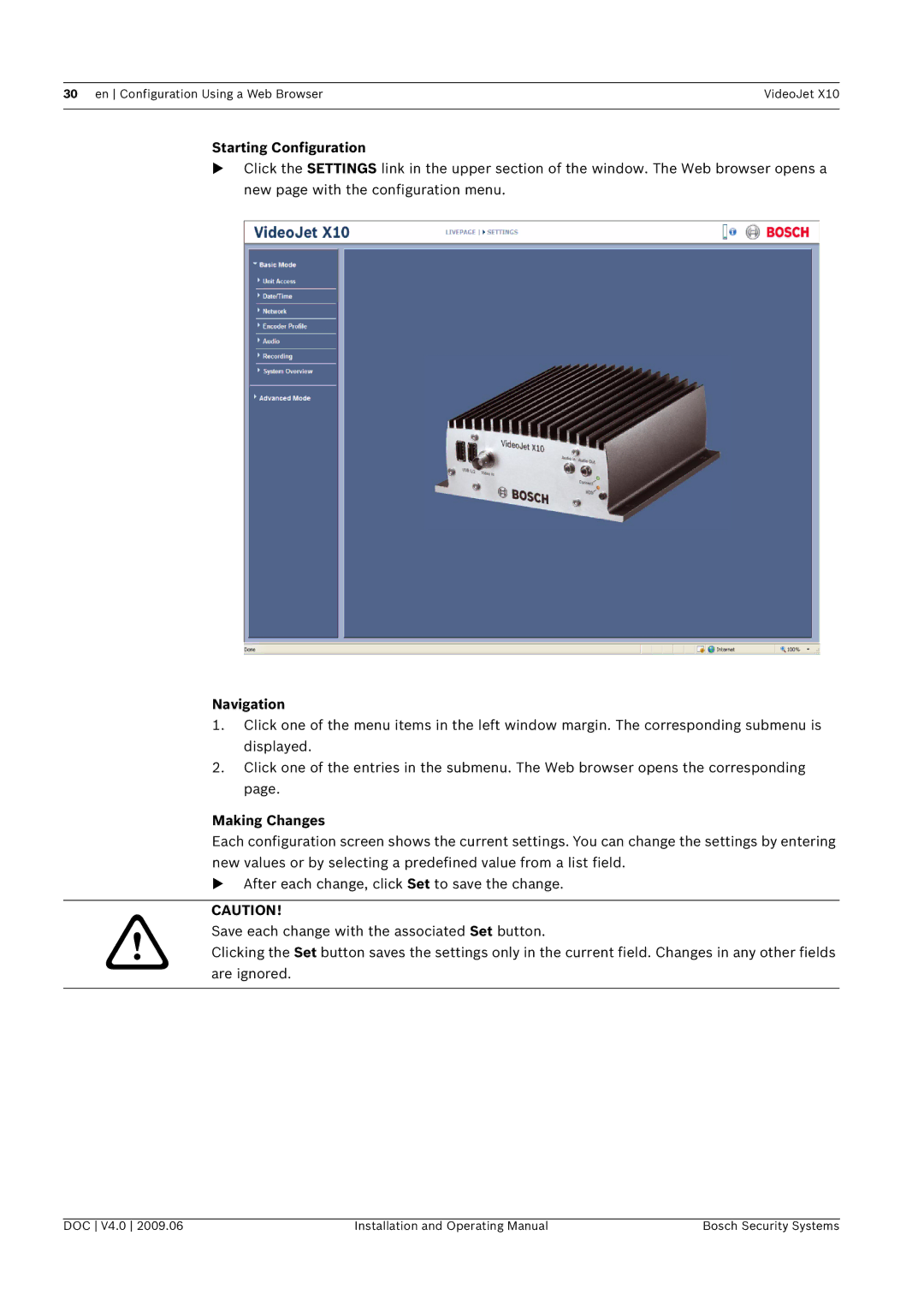 Bosch Appliances X10 manual Starting Configuration, Navigation, Making Changes 