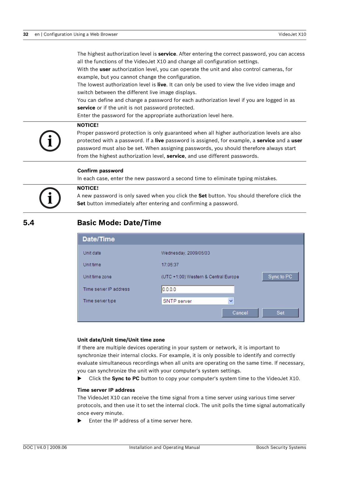 Bosch Appliances X10 Basic Mode Date/Time, Confirm password, Unit date/Unit time/Unit time zone, Time server IP address 