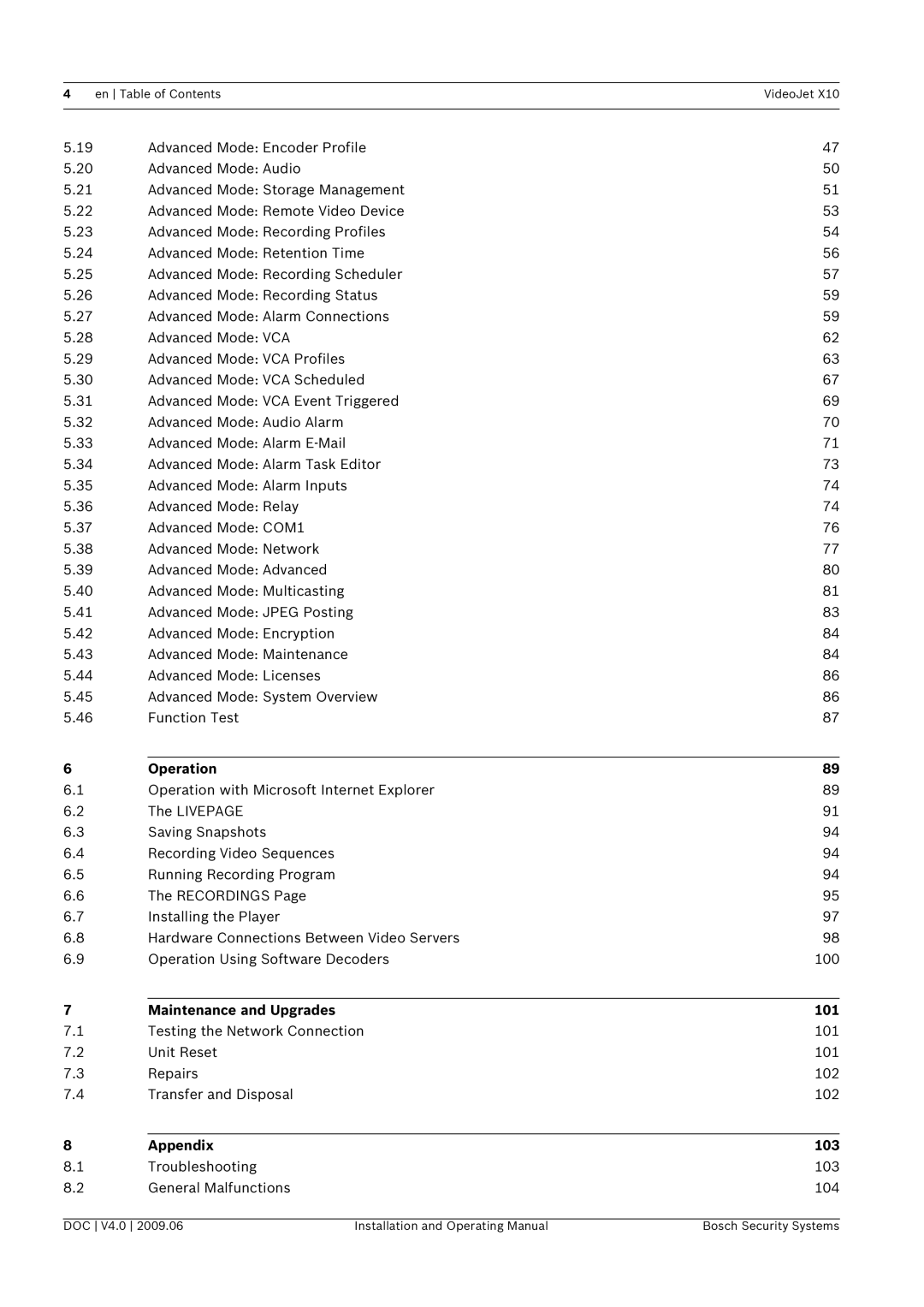 Bosch Appliances X10 manual Operation, Maintenance and Upgrades 101, Appendix 103 