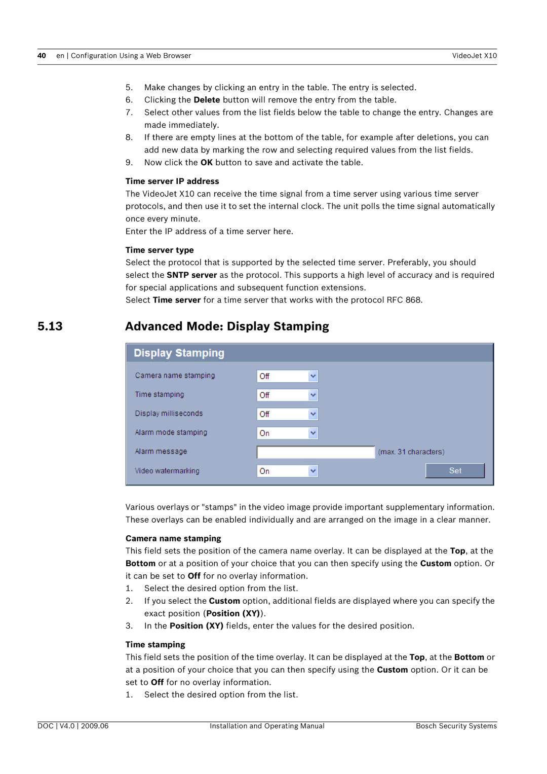 Bosch Appliances X10 manual Advanced Mode Display Stamping, Camera name stamping, Time stamping 