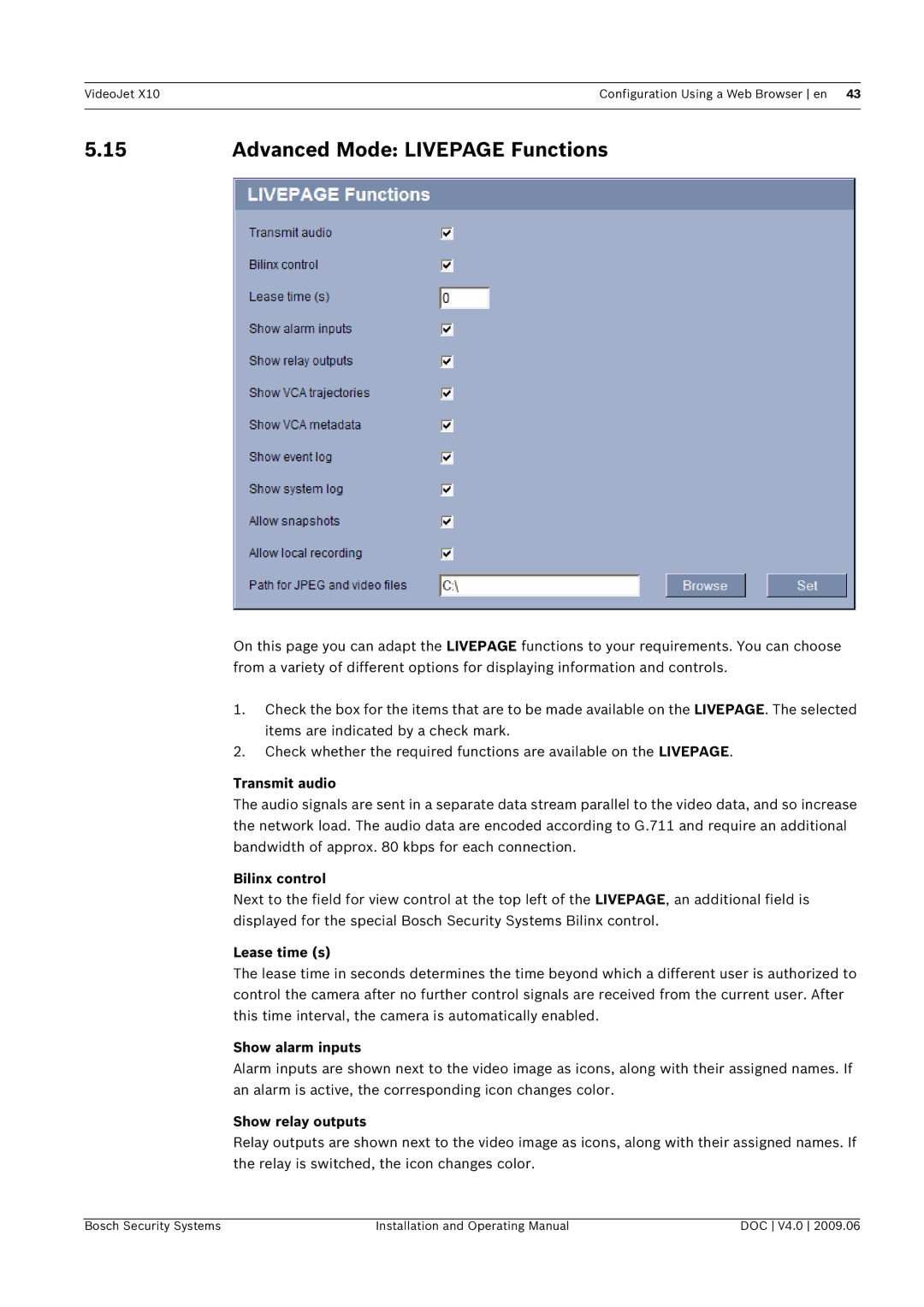 Bosch Appliances X10 manual Advanced Mode Livepage Functions 