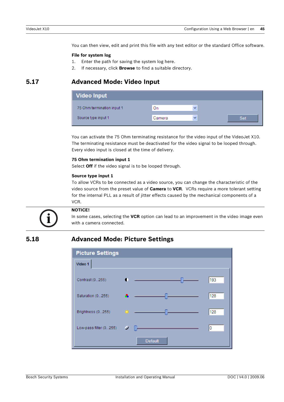 Bosch Appliances X10 Advanced Mode Video Input, Advanced Mode Picture Settings, File for system log, Ohm termination input 