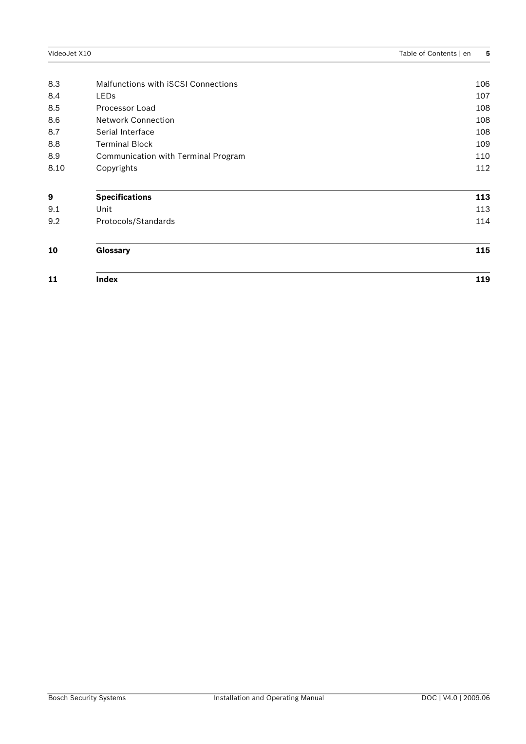 Bosch Appliances X10 manual Specifications 113, Glossary 115 Index 119 