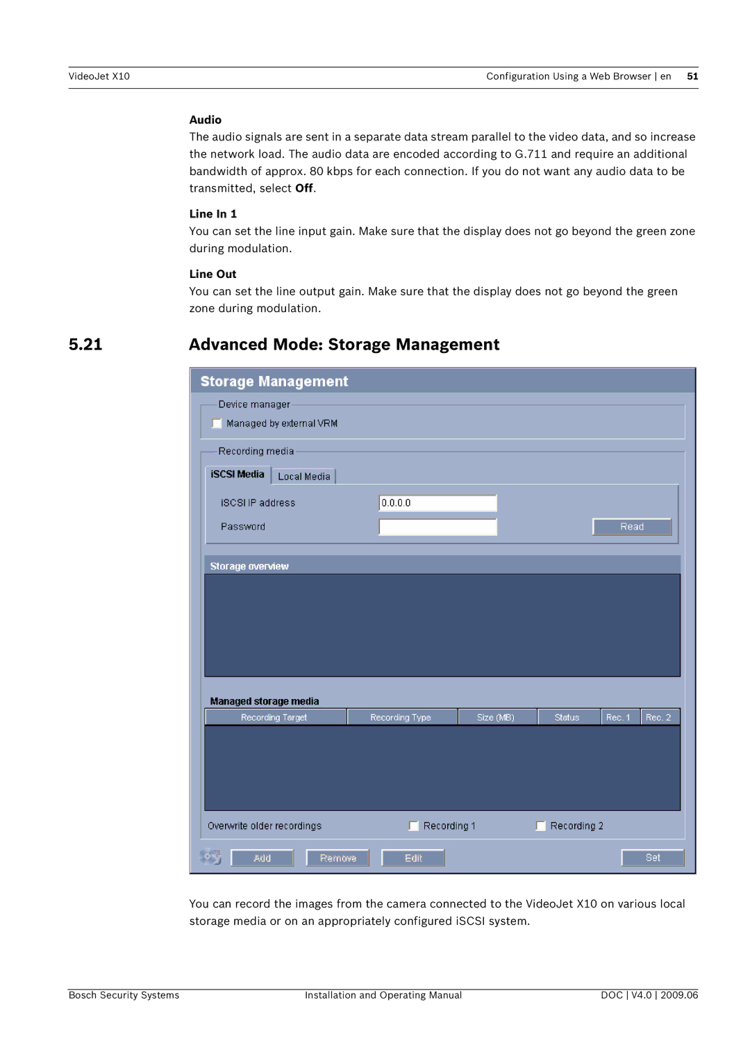 Bosch Appliances X10 manual Advanced Mode Storage Management, Audio 