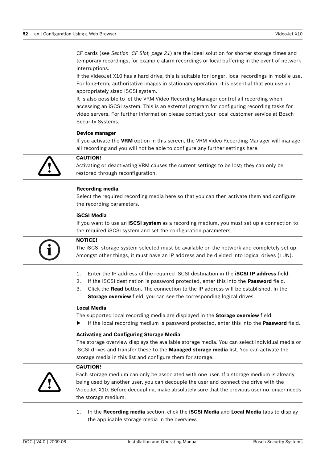Bosch Appliances X10 Device manager, Recording media, ISCSI Media, Local Media, Activating and Configuring Storage Media 