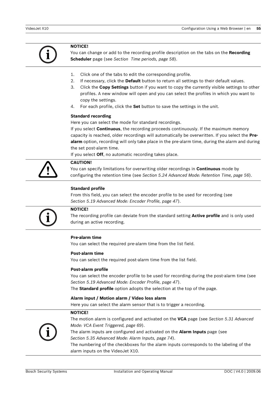 Bosch Appliances X10 manual Standard recording, Standard profile, Pre-alarm time, Post-alarm time, Post-alarm profile 