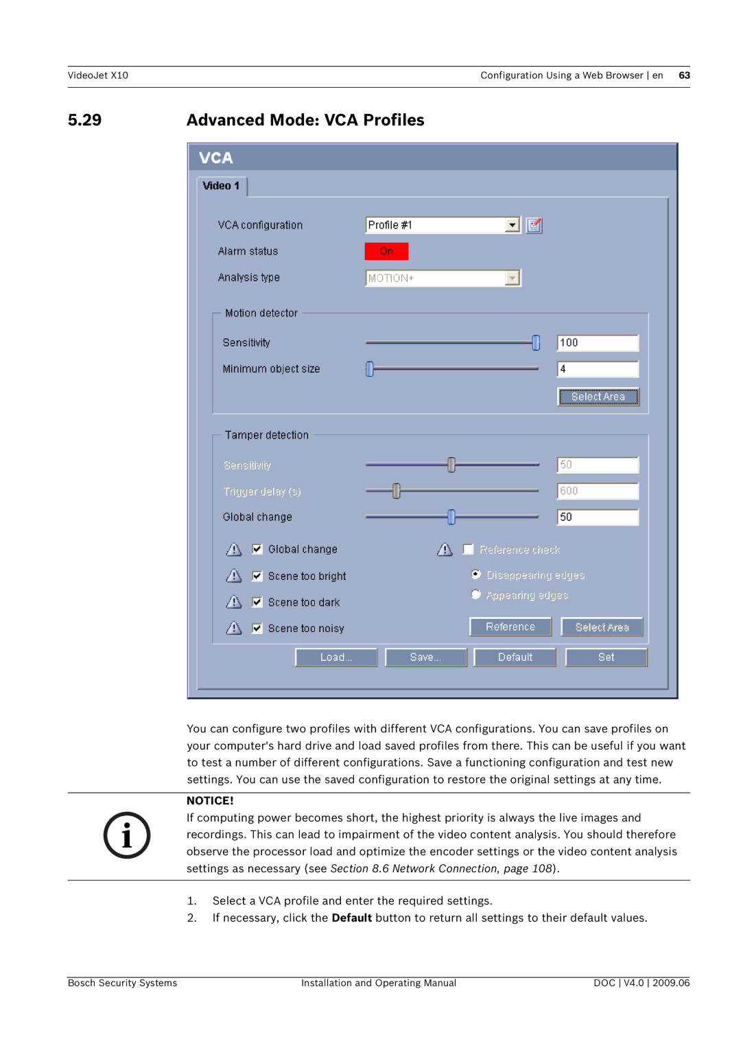 Bosch Appliances X10 manual Advanced Mode VCA Profiles 