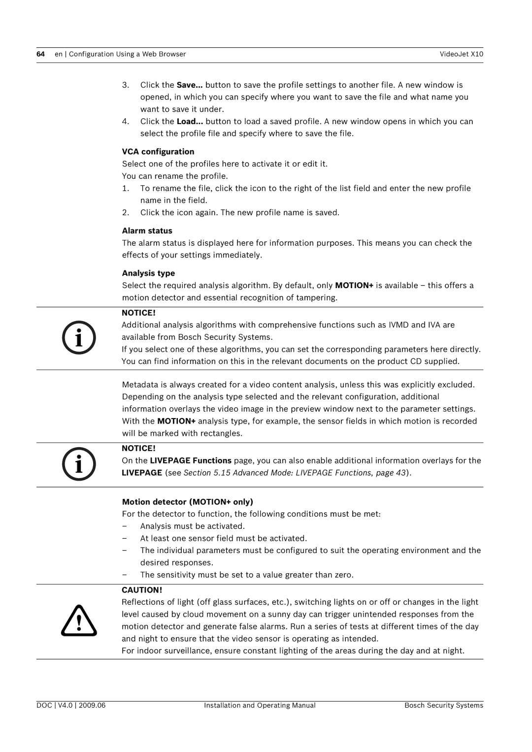 Bosch Appliances X10 manual VCA configuration, Alarm status, Analysis type, Motion detector MOTION+ only 