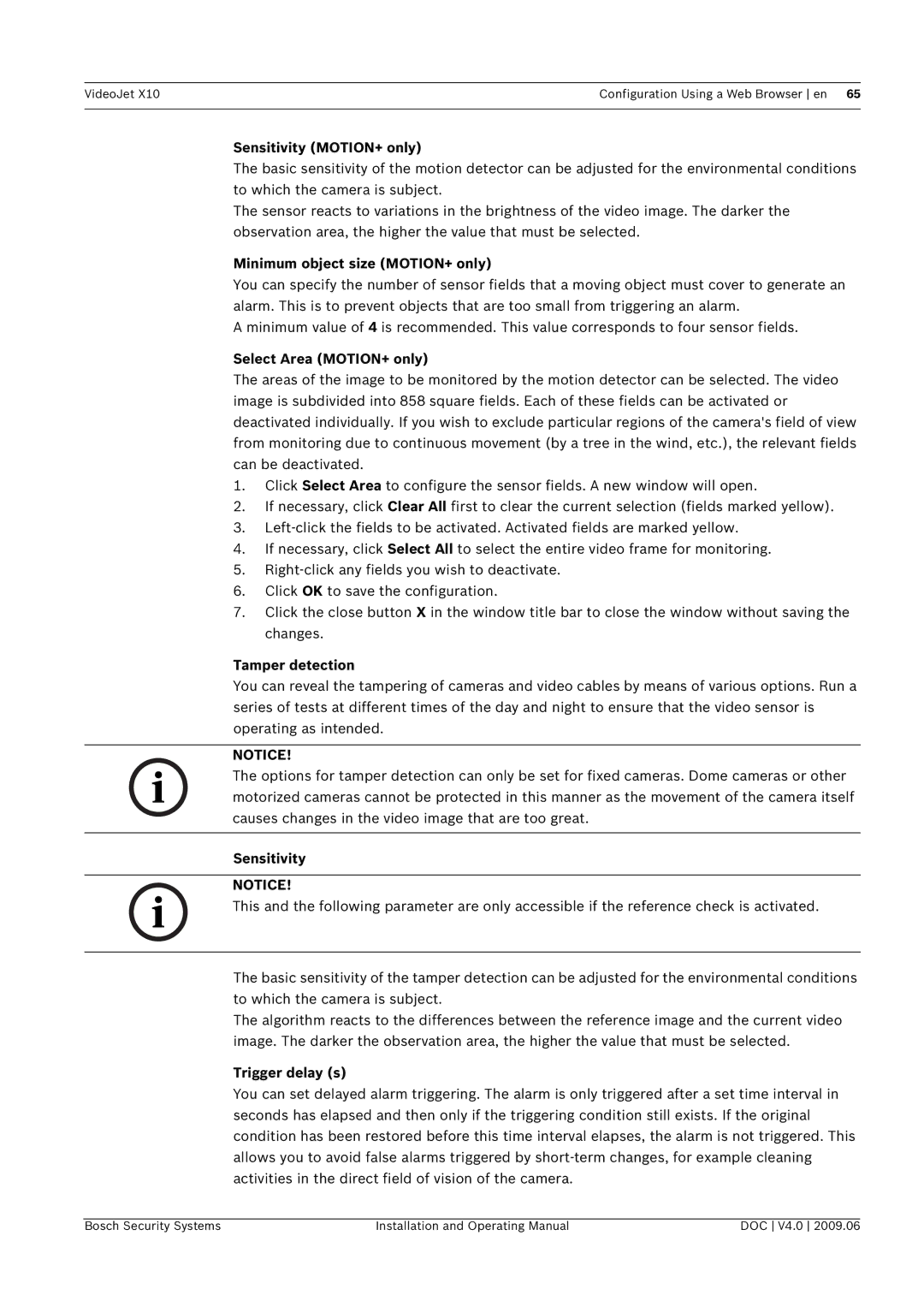 Bosch Appliances X10 Sensitivity MOTION+ only, Minimum object size MOTION+ only, Select Area MOTION+ only, Trigger delay s 