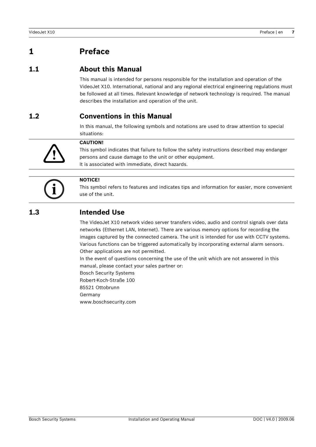 Bosch Appliances X10 manual Preface, About this Manual, Conventions in this Manual, Intended Use 