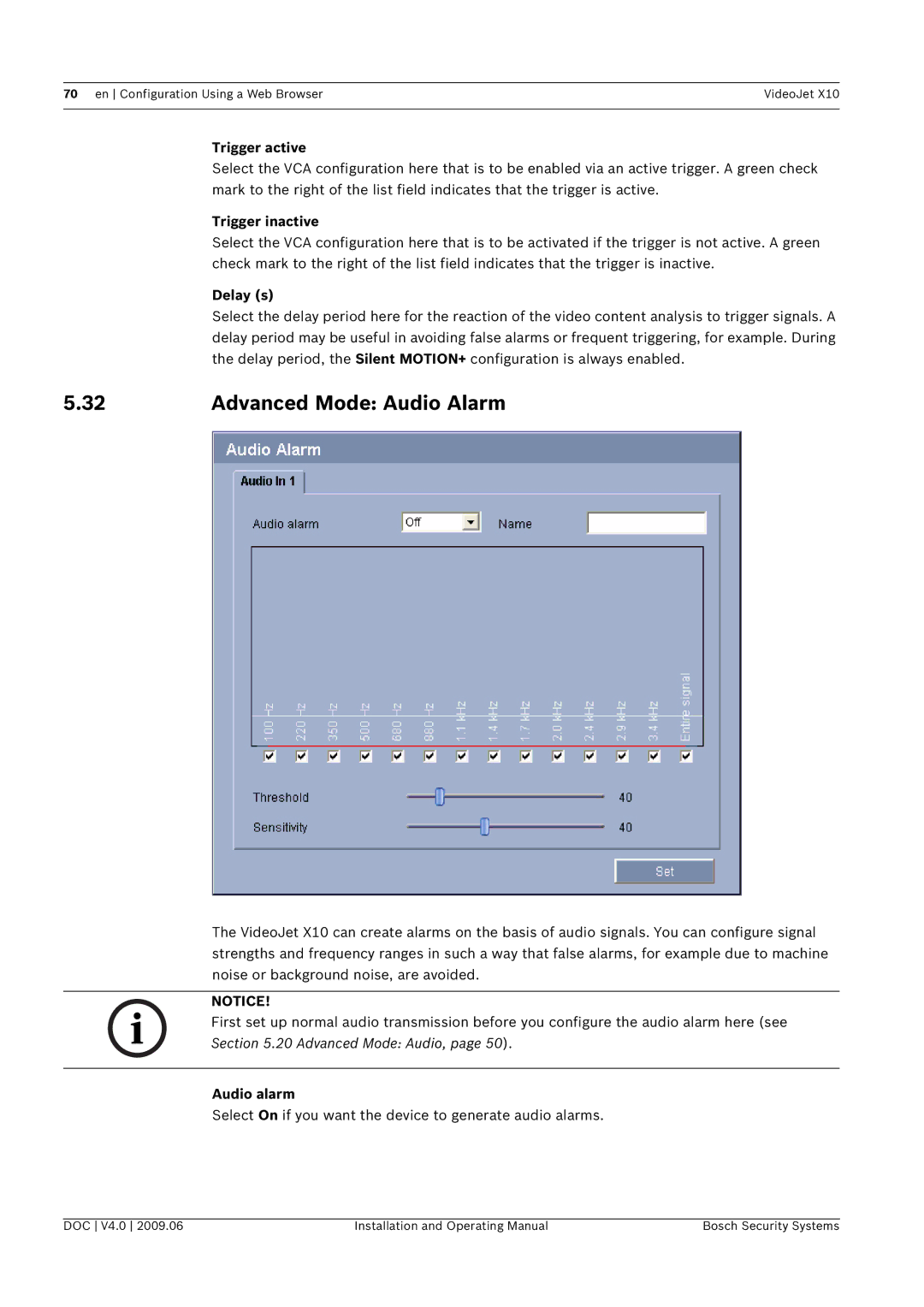 Bosch Appliances X10 manual Advanced Mode Audio Alarm, Trigger active, Trigger inactive, Delay s, Audio alarm 