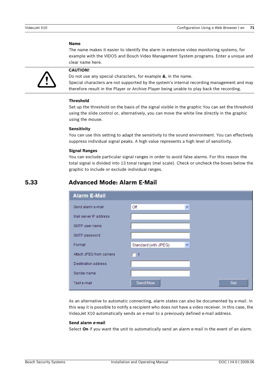 Bosch Appliances X10 manual Advanced Mode Alarm E-Mail, Name, Threshold, Signal Ranges, Send alarm e-mail 