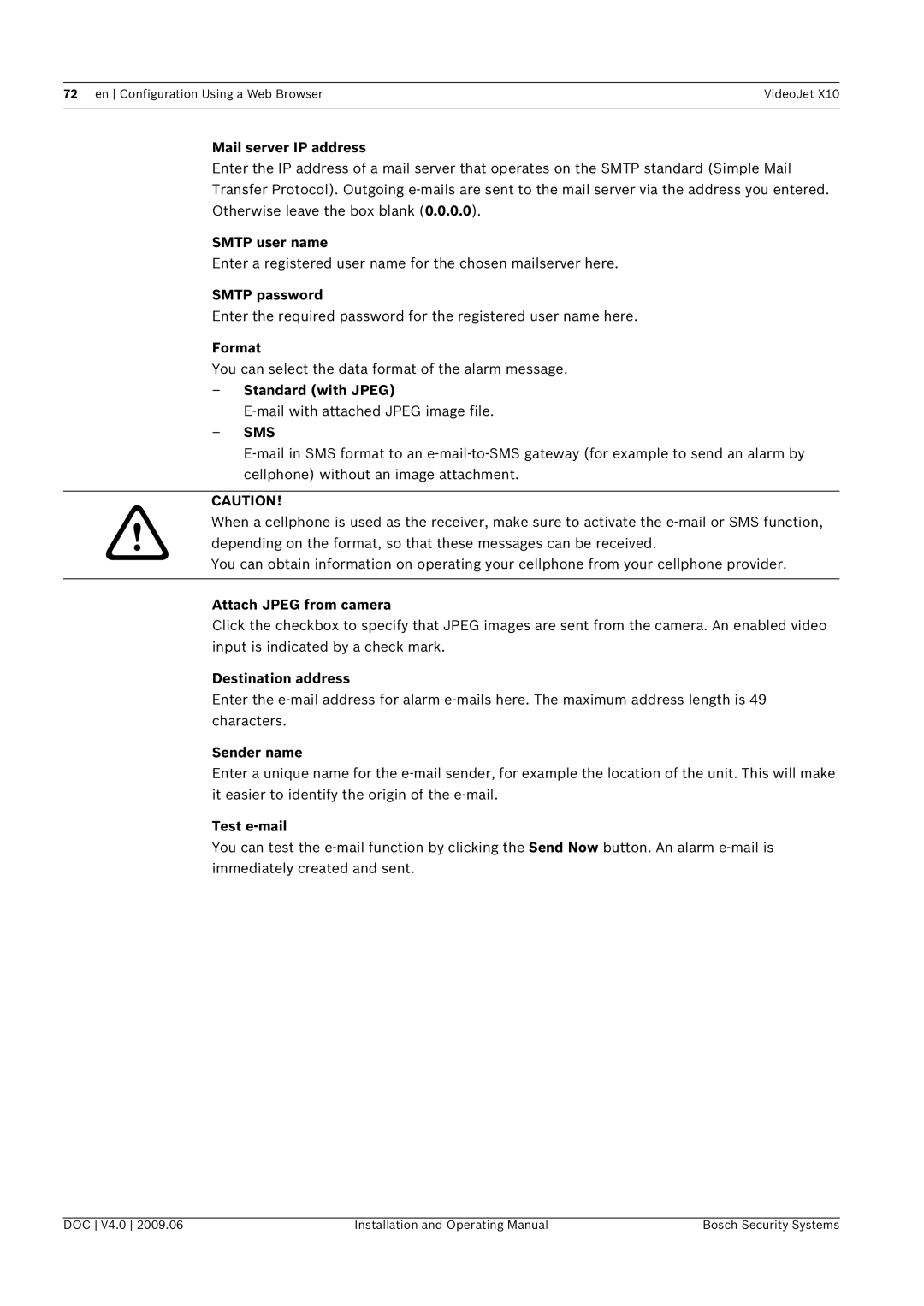 Bosch Appliances X10 manual Mail server IP address, Smtp user name, Smtp password, Format, Standard with Jpeg, Sender name 